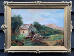 Paysage anglais ancien du 19ème siècle, moulin à eau, arbres, montagne par un ruisseau 