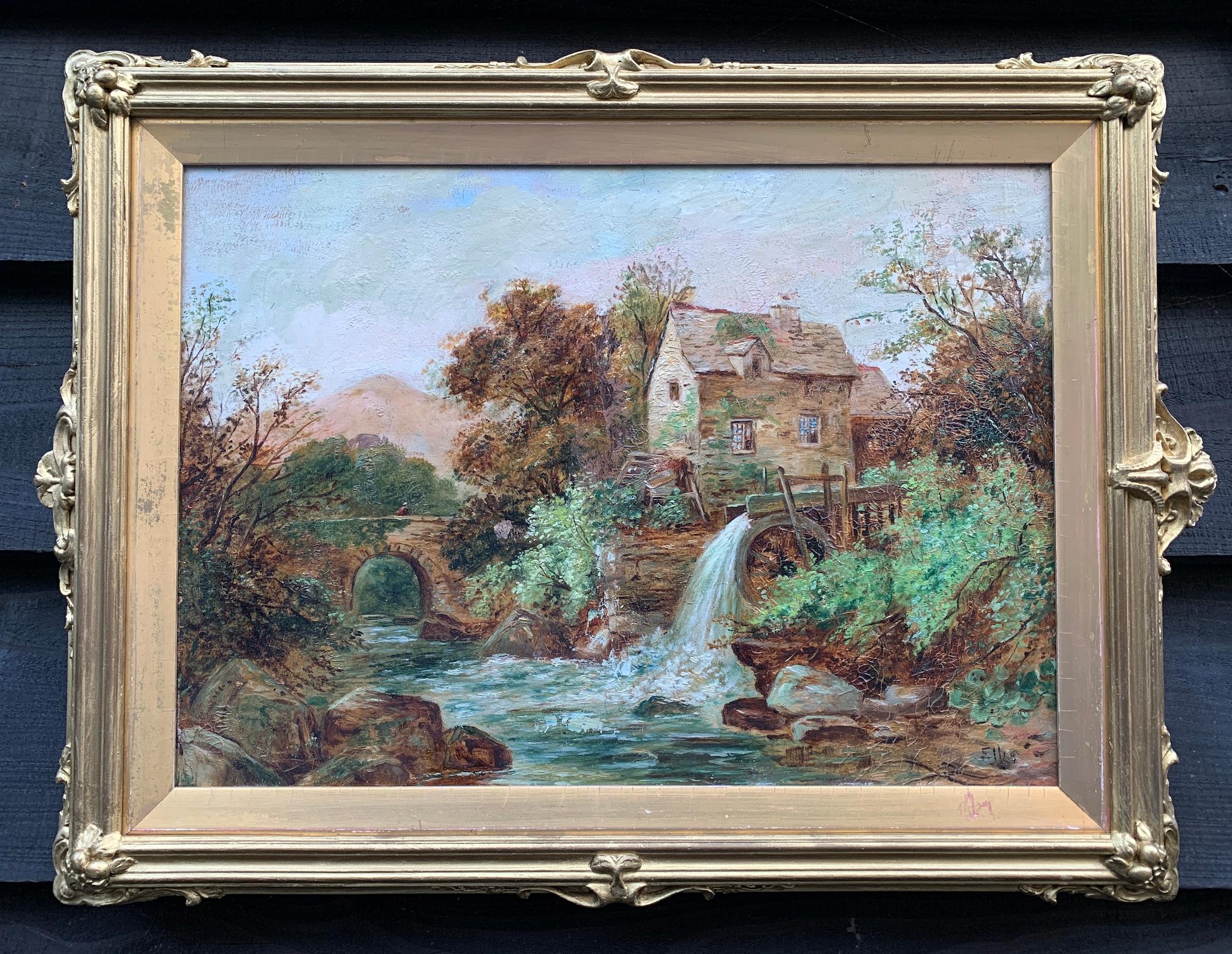 Antico paesaggio inglese del XIX secolo, mulino ad acqua, alberi, montagna vicino a un ruscello