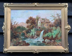 Paysage anglais ancien du 19ème siècle, moulin à eau, arbres, montagne par un ruisseau 