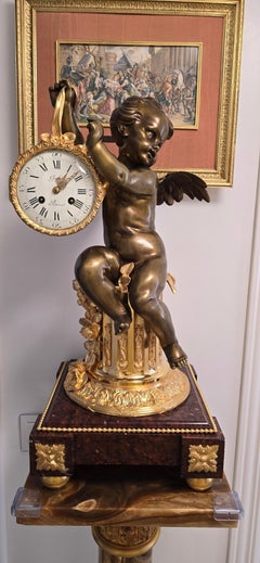 19th Century French Gilt and Patinated Bronze Mantel Clock with Marble Base