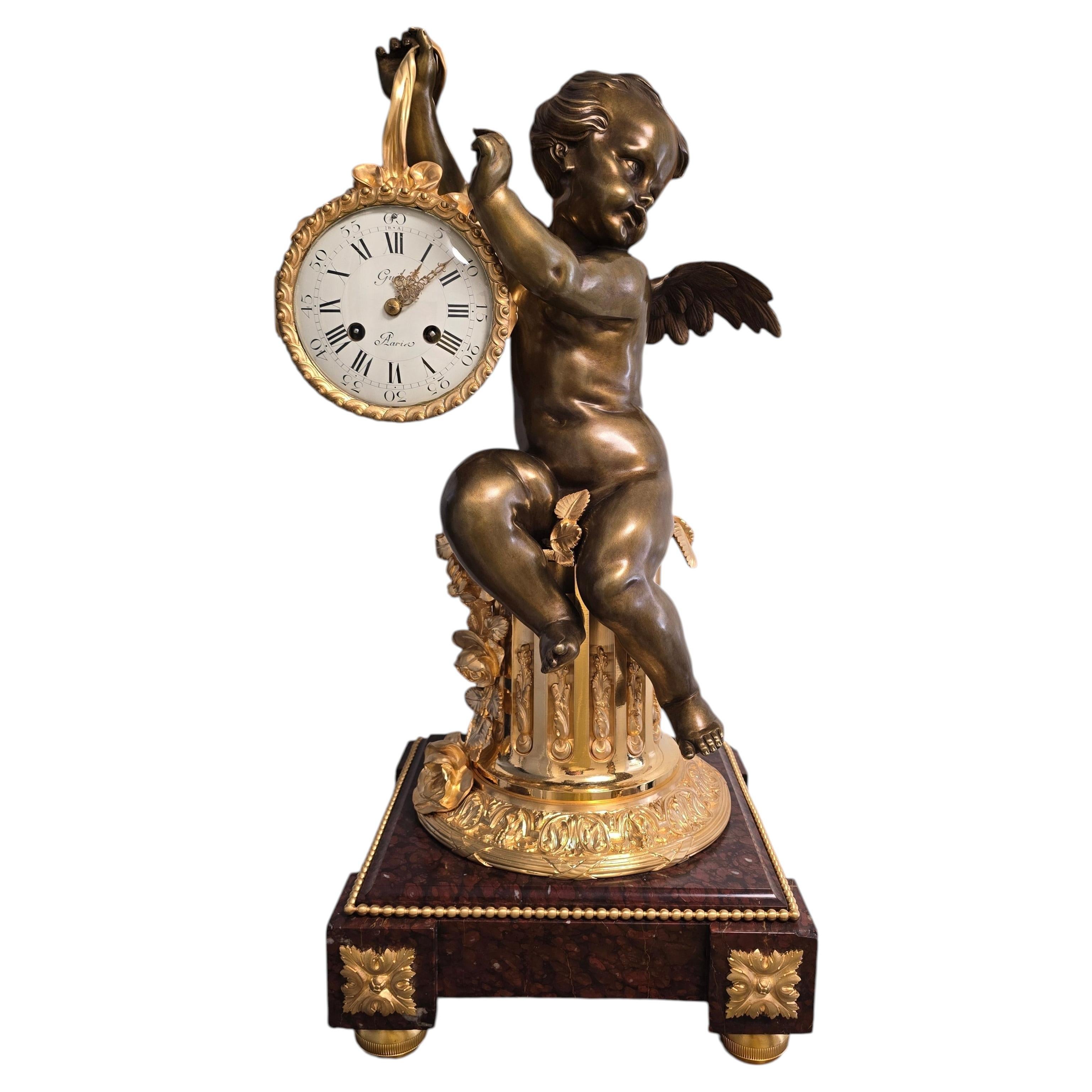 19th Century French Mantel Clock by Guibal, Gilt Bronze & Marble