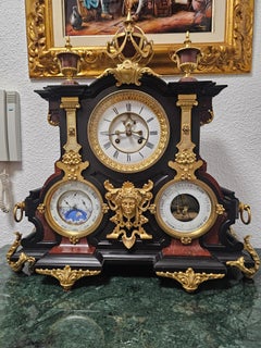 Reloj de Sobremesa francés en mármol y bronce, barómetro y calendario, siglo XIX