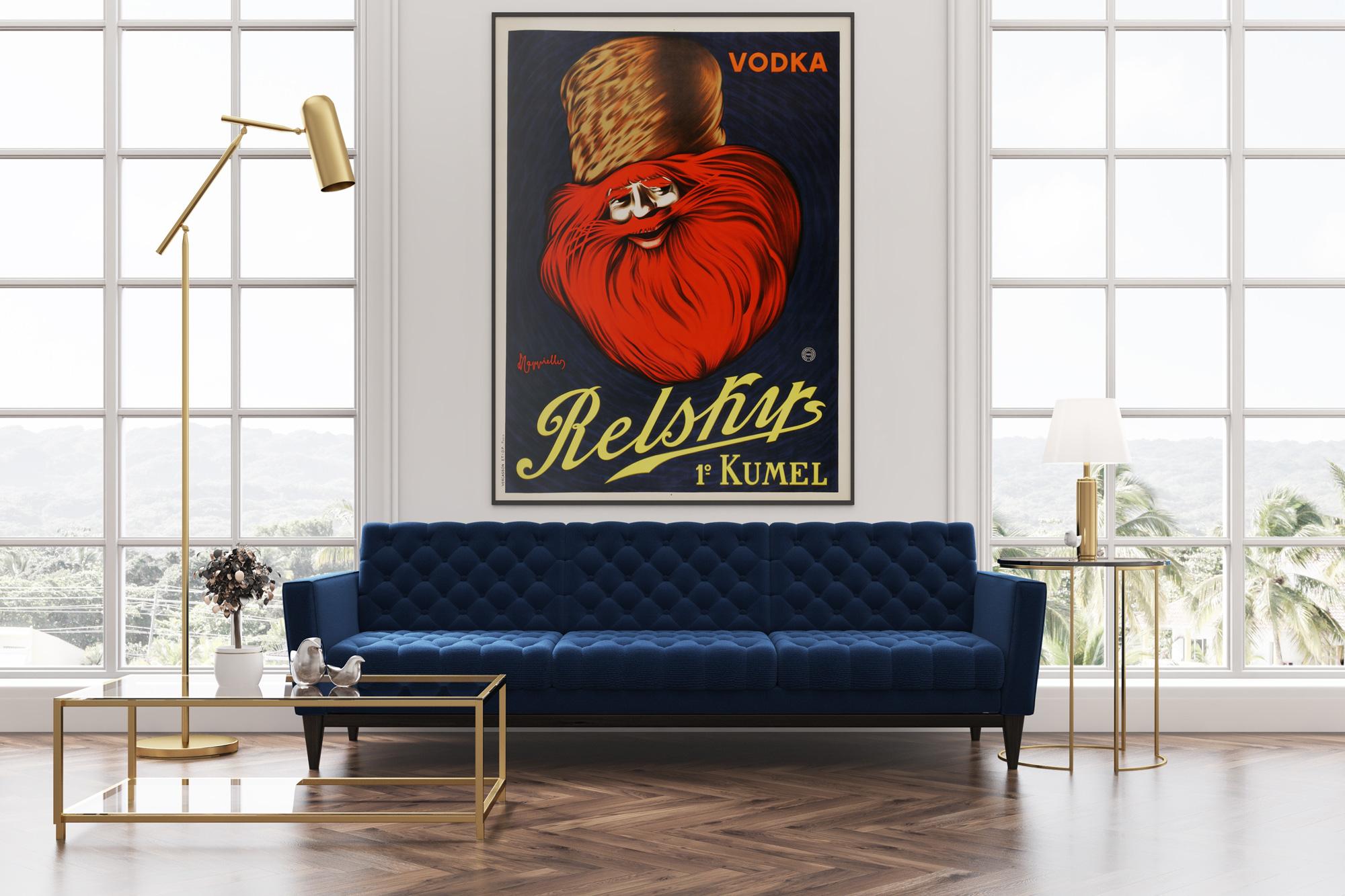 Stunning original French vintage advertisement poster for Relsky Vodka, circa 1925. In this large size this original Resky Vodka poster by the infamous artist Leonetto Cappiello, often called 'the father of modern advertising' because of his