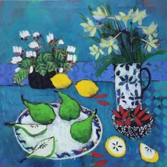 Cyclamen and Narcissus, Bright Still Life Naïve Painting, Citrus Fruit Food Art