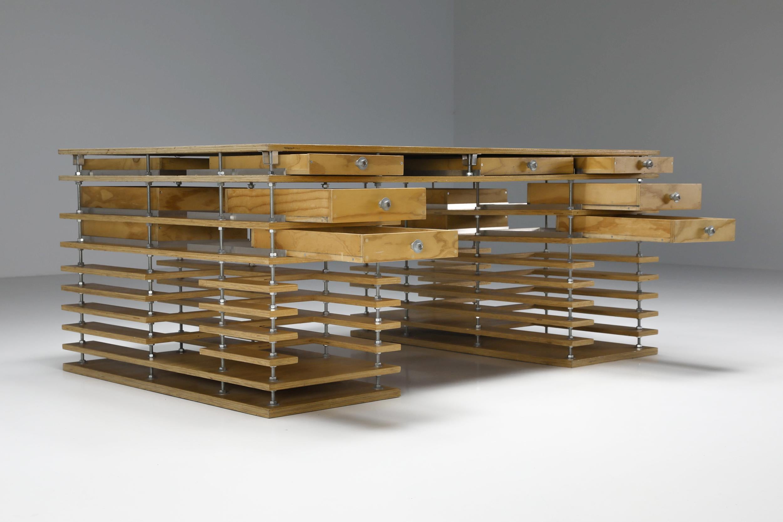 Working desk; Architects desk; 1990's, The Netherlands, Rem Koolhaas; modernism; deconstructivism; structuralism; humanism; OMA;

Rem Koolhaas-inspired custom-made architect working desk. This office desk offers storage space with its drawers and