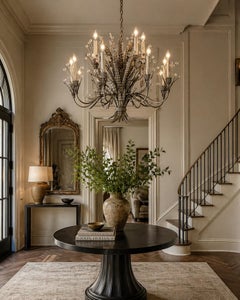 Remains Lighting "Plume" Antique Nickel & Glass 12-Arm Chandelier, Labeled