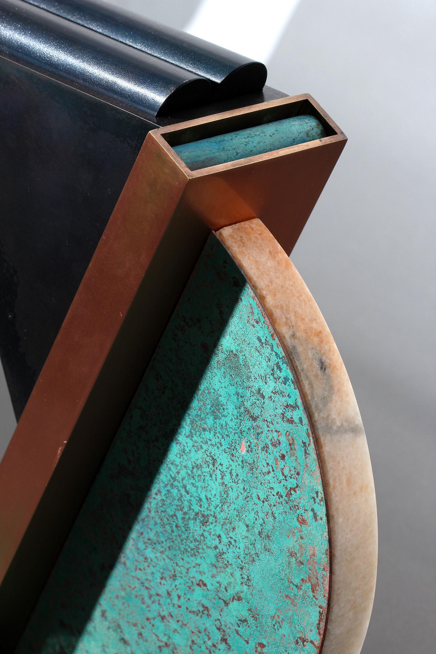 Modern Remains Urn in Contemporary Blackened Steel with Marble, Satin Brass, Granite For Sale