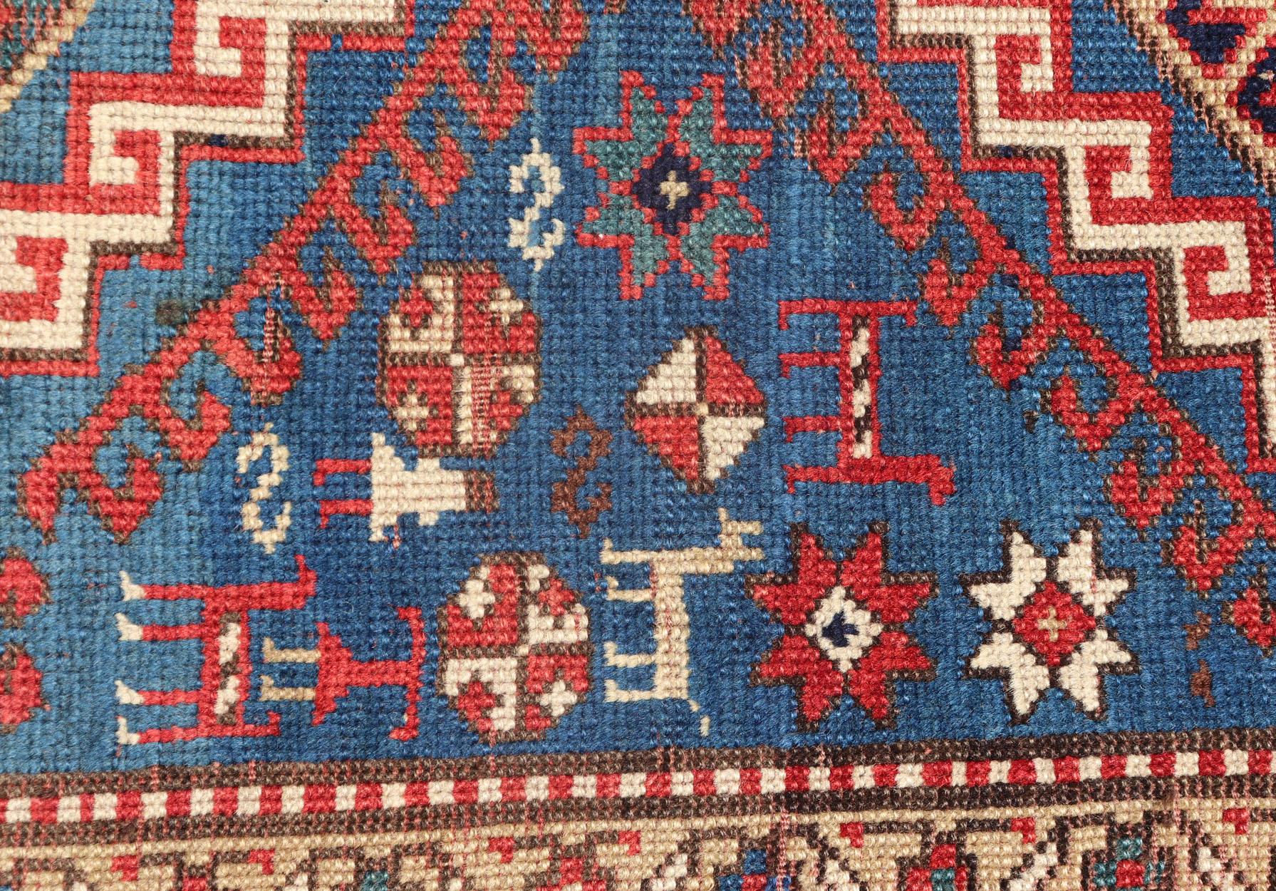 Antique Caucasian Kazak Rug in Brilliant Blue with Geometric Design Medallion's For Sale 5