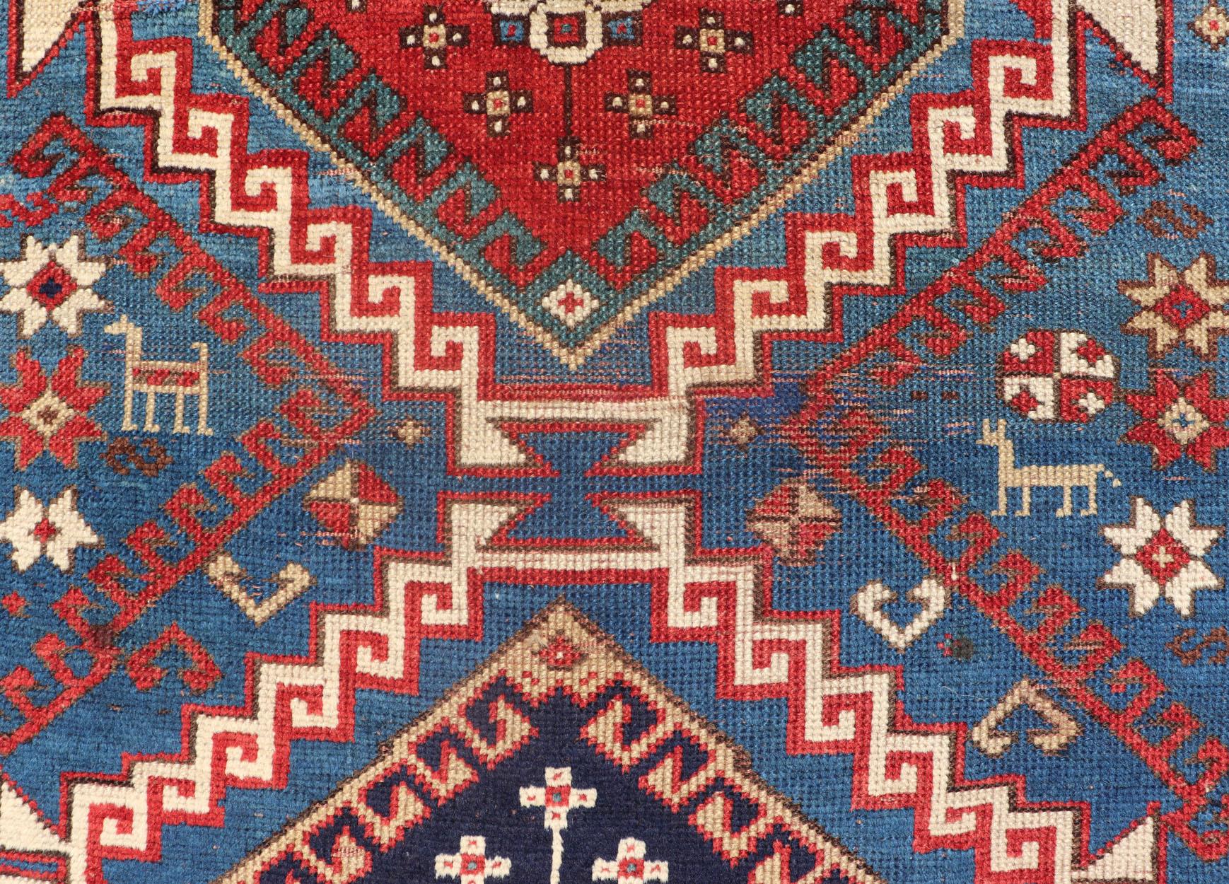 Antique Caucasian Kazak Rug in Brilliant Blue with Geometric Design Medallion's For Sale 6