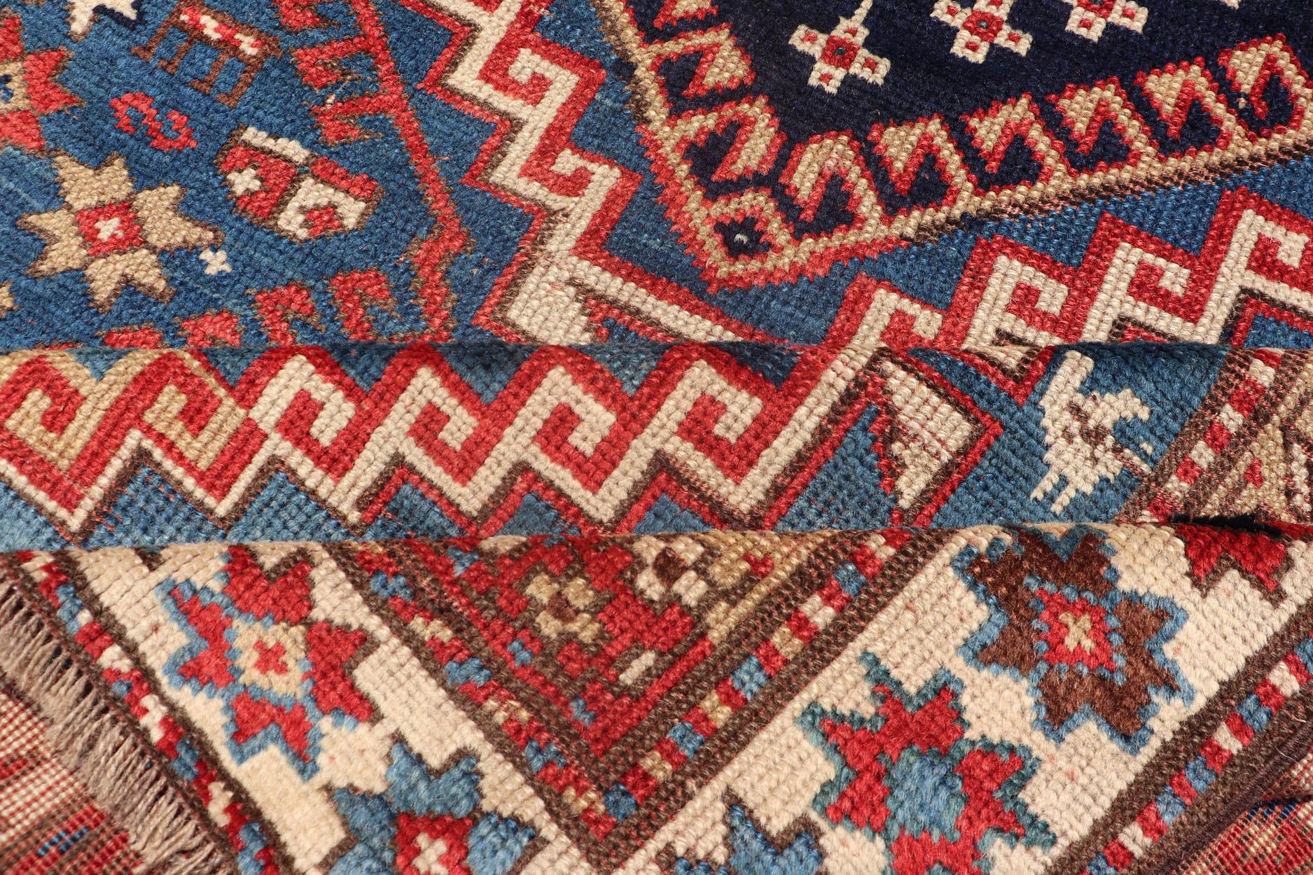 Antique Caucasian Kazak Rug in Brilliant Blue with Geometric Design Medallion's For Sale 7