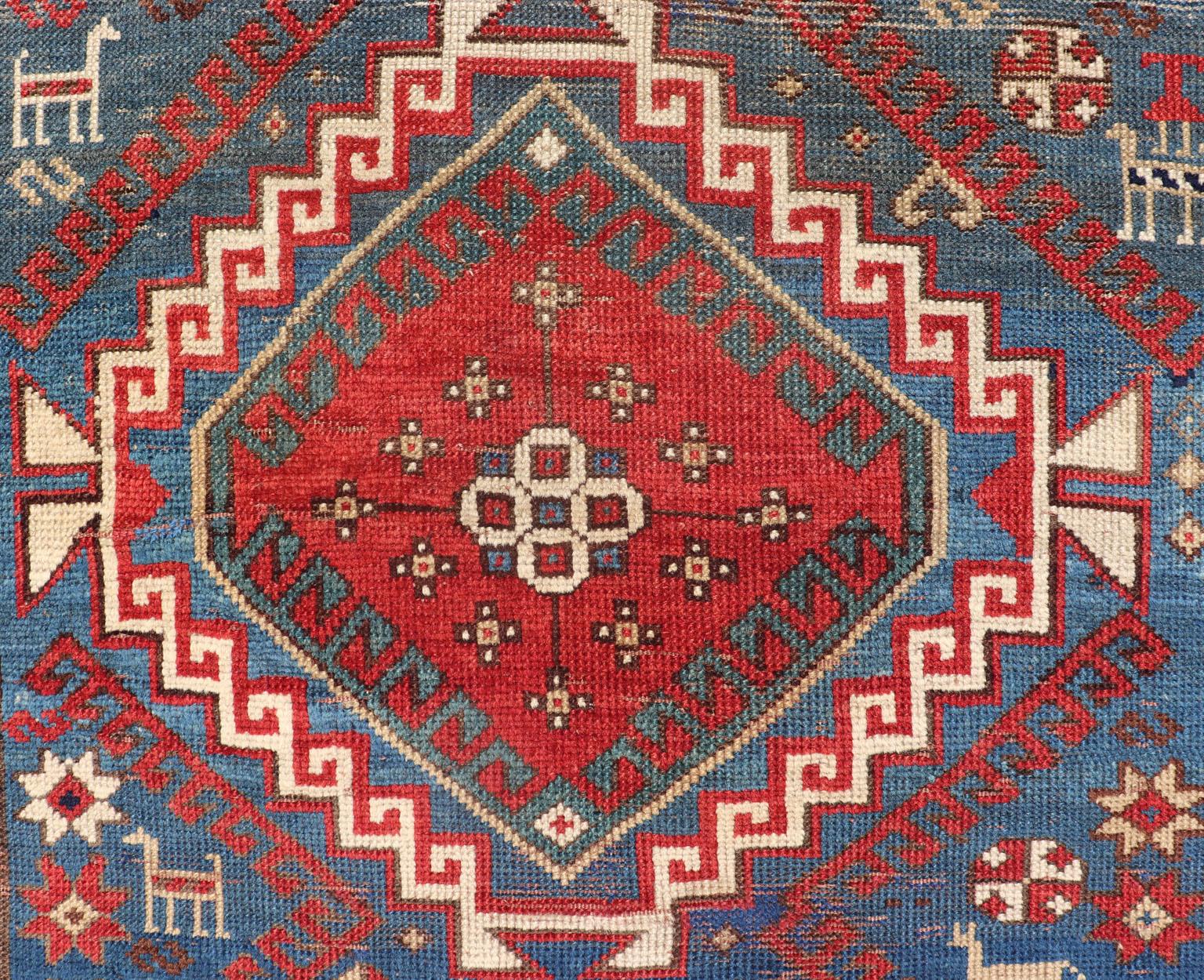 Antique Caucasian Kazak Rug in Brilliant Blue with Geometric Design Medallion's For Sale 2