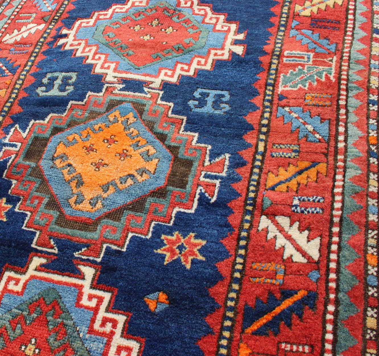 Remarkable Antique Caucasian Kazak Rug with Tribal Geometric Tri-Medallions For Sale 1