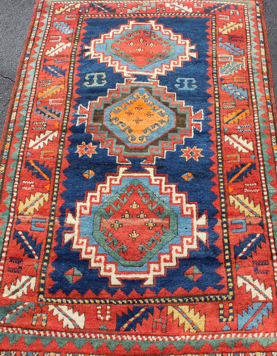 Remarkable Antique Caucasian Kazak Rug with Tribal Geometric Tri-Medallions For Sale 2