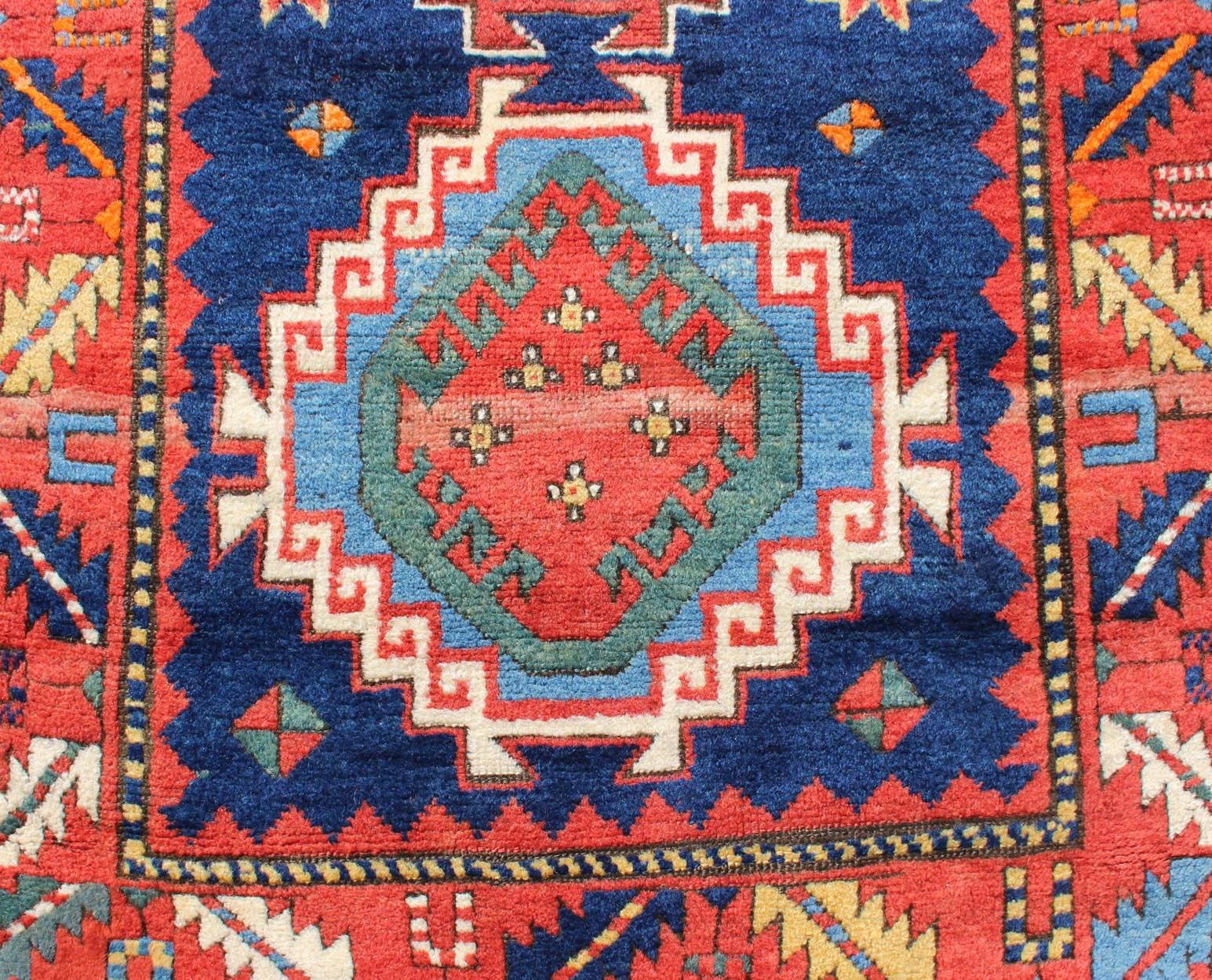 Remarkable Antique Caucasian Kazak Rug with Tribal Geometric Tri-Medallions In Excellent Condition For Sale In Atlanta, GA