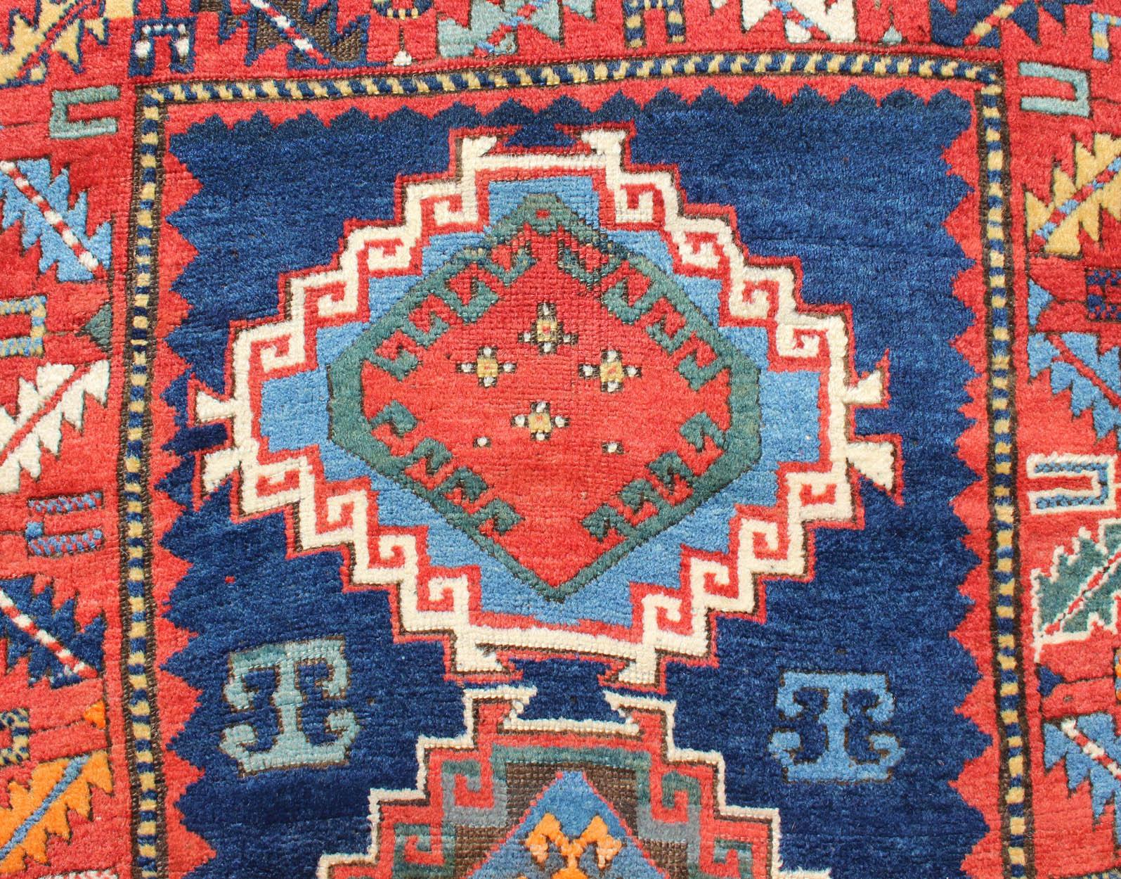 19th Century Remarkable Antique Caucasian Kazak Rug with Tribal Geometric Tri-Medallions For Sale
