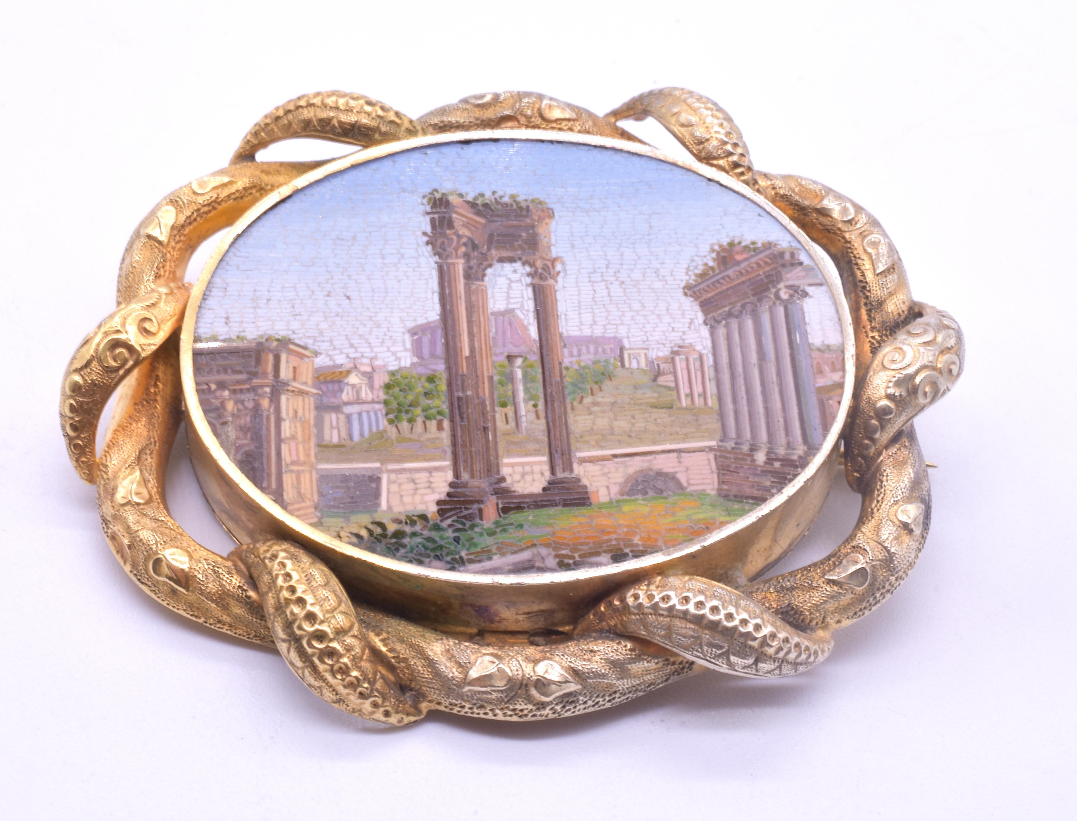 Remarkable Antique Micromosaic Brooch Depicting the Forum in Rome, circa 1860 In Excellent Condition In Baltimore, MD