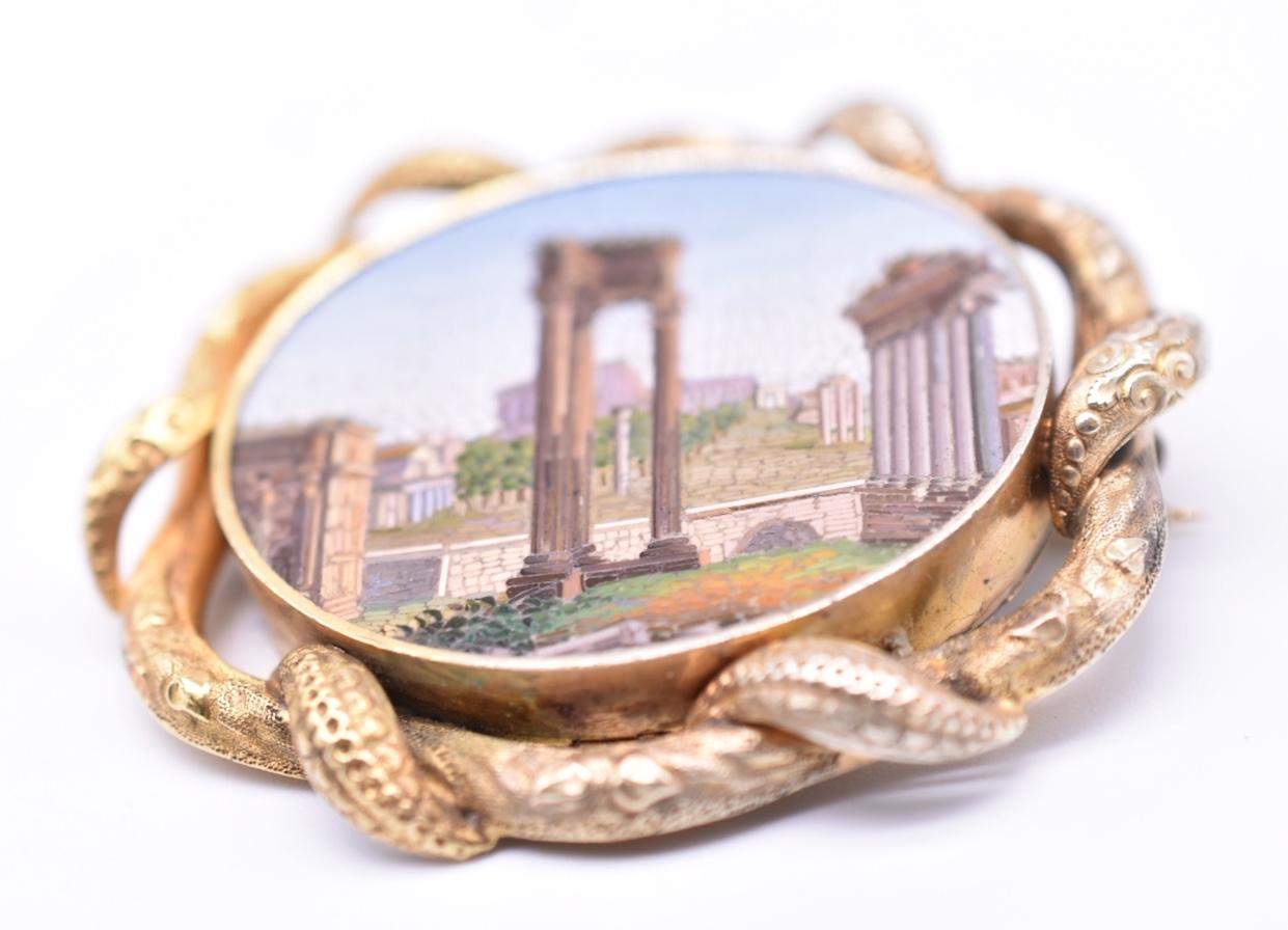 Victorian Remarkable Antique Micromosaic Brooch Depicting the Forum in Rome, circa 1860