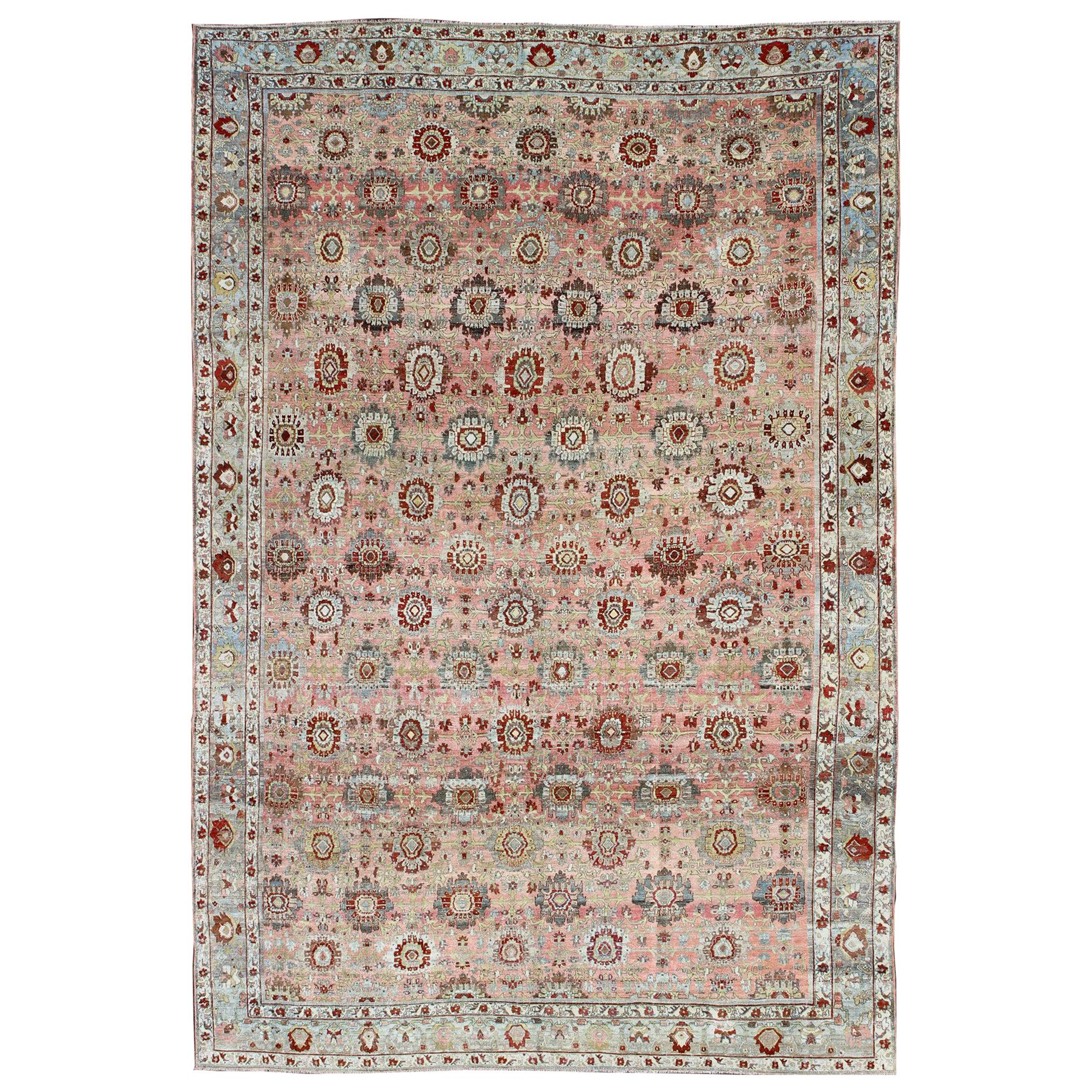 Antique Persian Bidjar Rug with All-Over Design in Light Pink & Light Gray For Sale