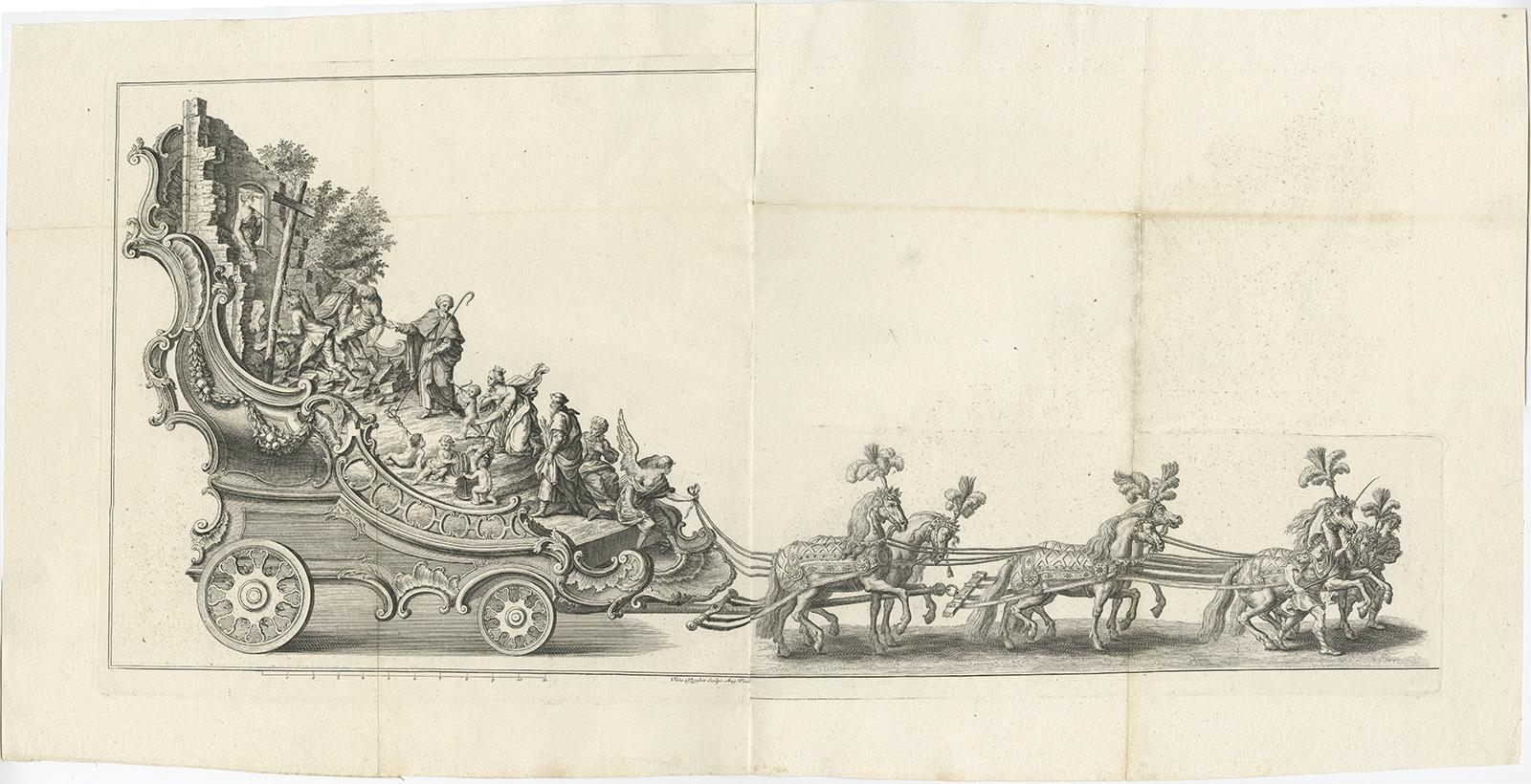Antique print of a horse drawn float with religious figures. 

Double page with joined sheets and original folding lines. This print originates from 'Prael-treyn [...] toegeschikt aen het duyzend-jaerig jubilé van [...] den heyligen