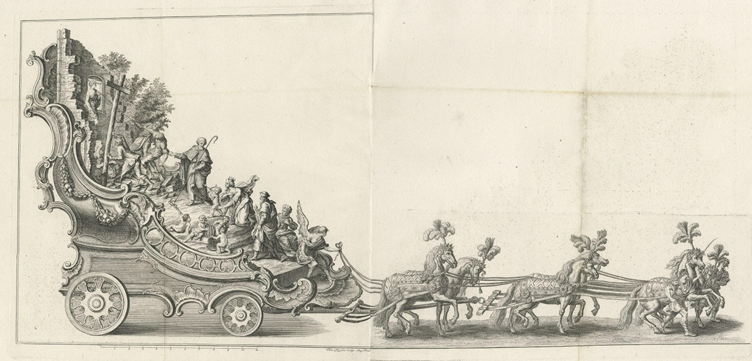 Remarkable Antique Print of a Horse Drawn Float with Religious Figures, 1775 In Good Condition For Sale In Langweer, NL