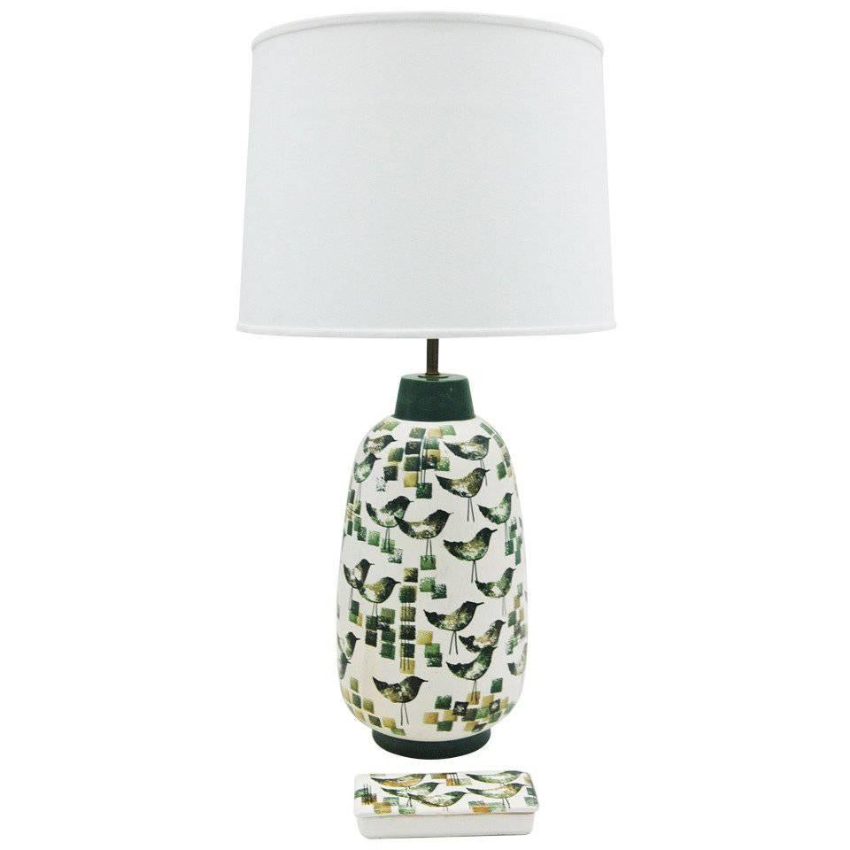 Remarkable Ceramic Lamp and Decorative Box with Bird Motif
