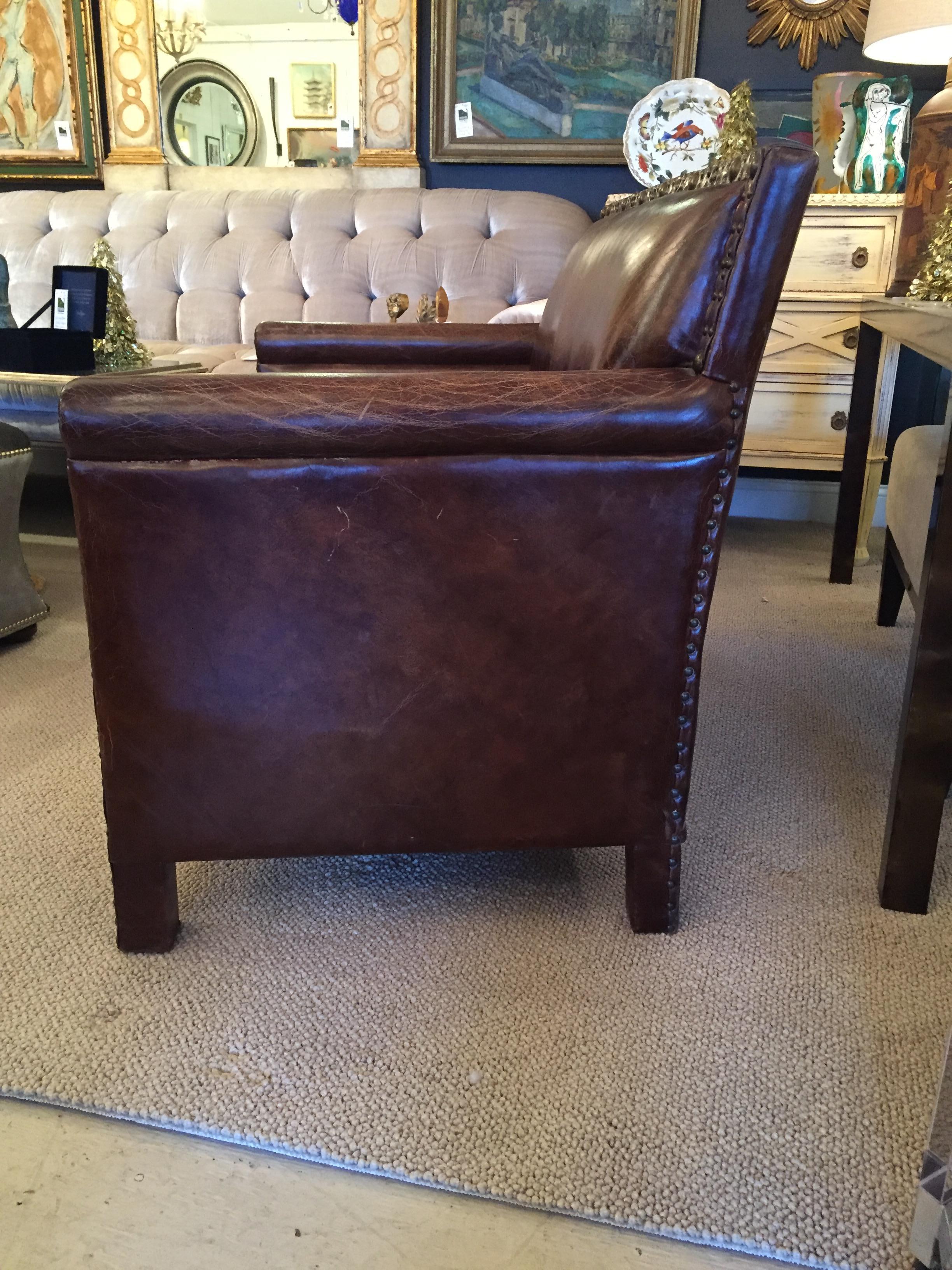 Remarkable Distressed Leather Loveseat with French Brass Nailheads 2