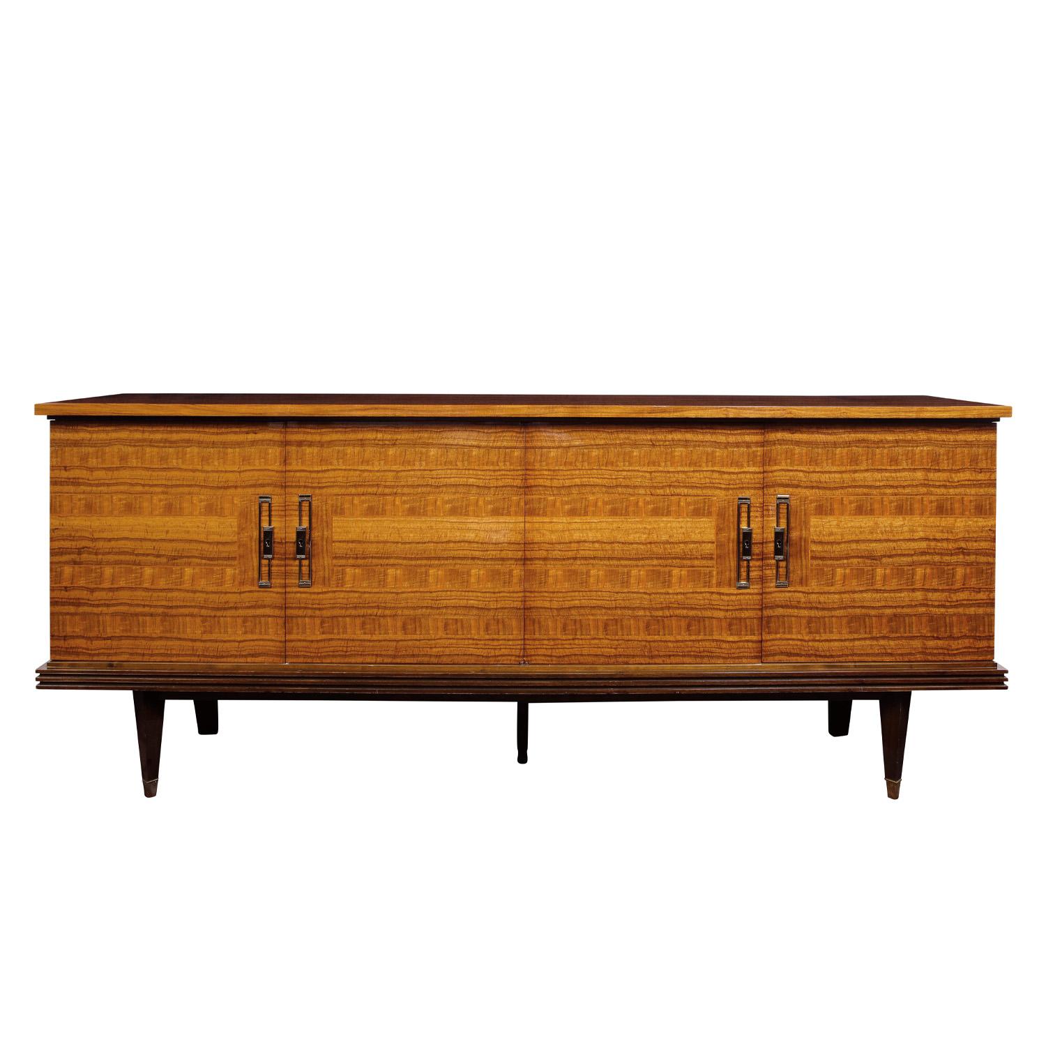 Superb large 4 door credenza with artisan hand-set marquetry and inlays in French walnut with brass hardware by MEUROPAM, France 1950's (label reads “MEUROPAM” inside door). The marquetry and inlays create an intricate pattern that is meticulously