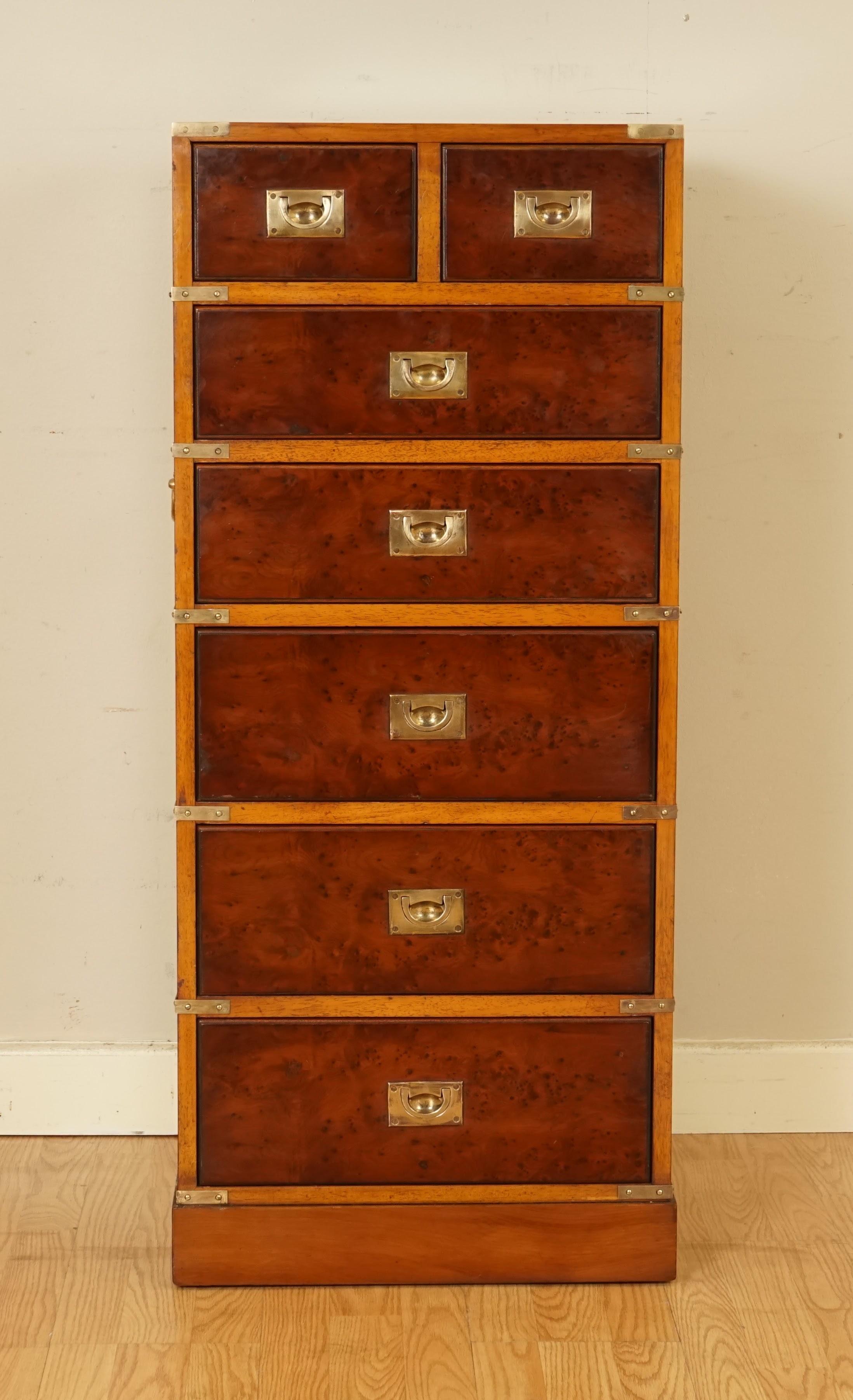 We are delighted to offer for sale this Remarkable Military Campaign Tallboy.
This piece is very well made and heavy, Campaign furniture has been highly desirable for over 140 years. This is a remarkable piece as it's finished in Burr Yew which is