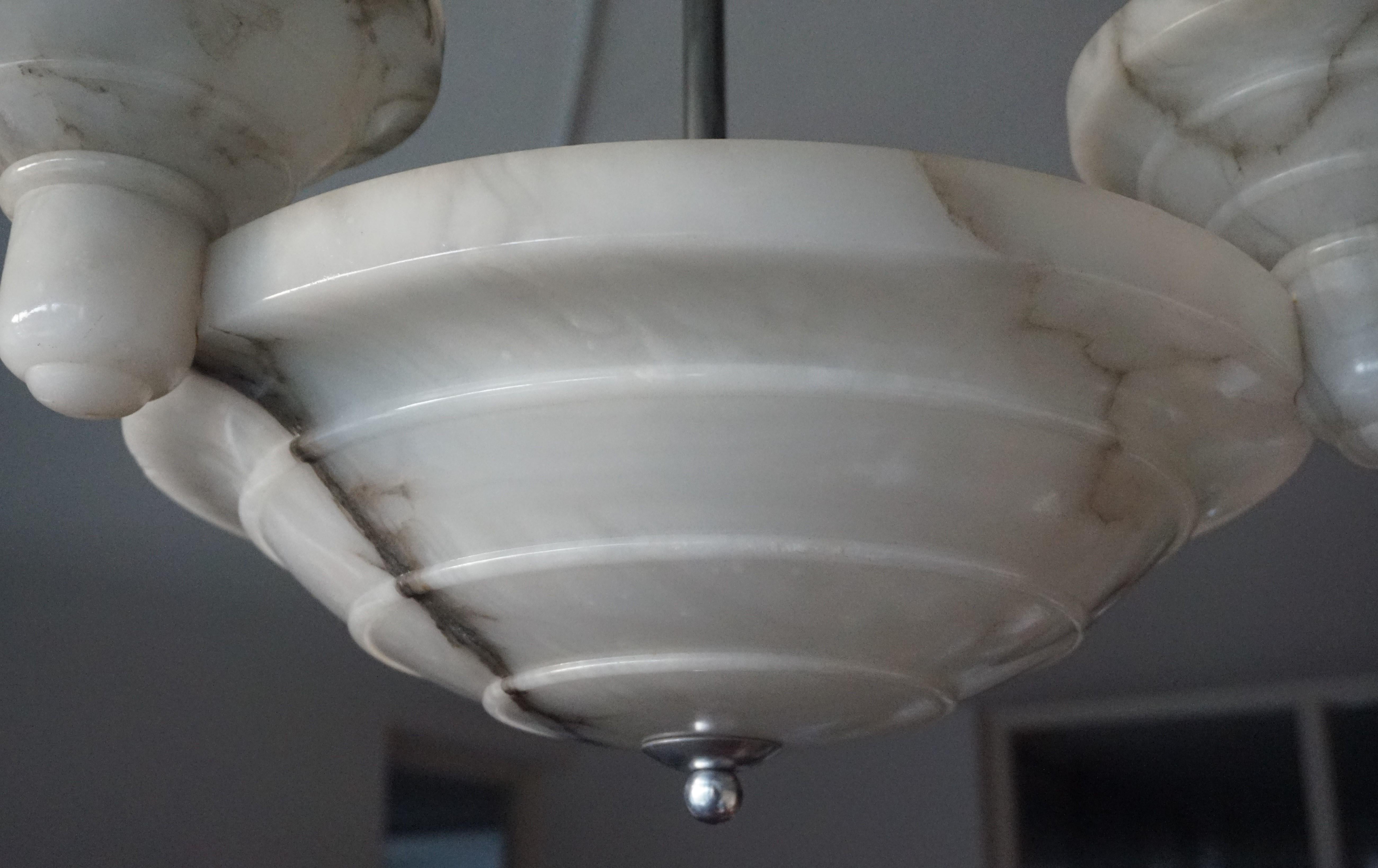 Stunning & Unique Pure White Art Deco Alabaster Five Light Pendant / Chandelier In Good Condition In Lisse, NL