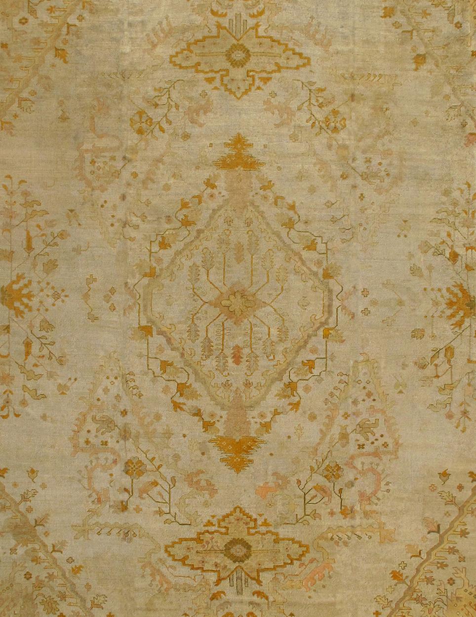 Very Large Antique Turkish Oushak Carpet in Cream, Gold, Green, Orange and Ivory For Sale 7