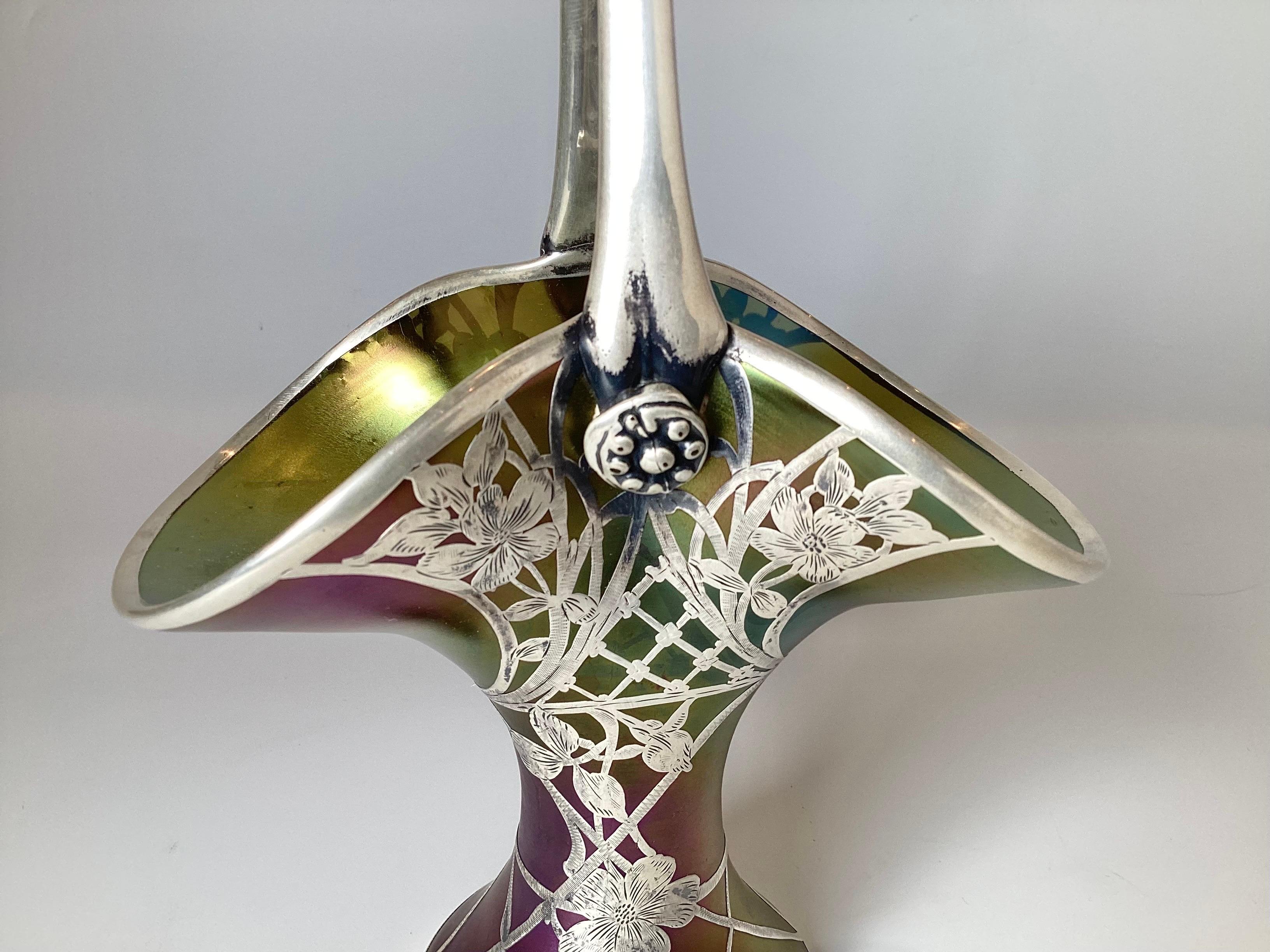 Art Glass Remarkable Loetz Sintering Silver Overlay Basket For Sale