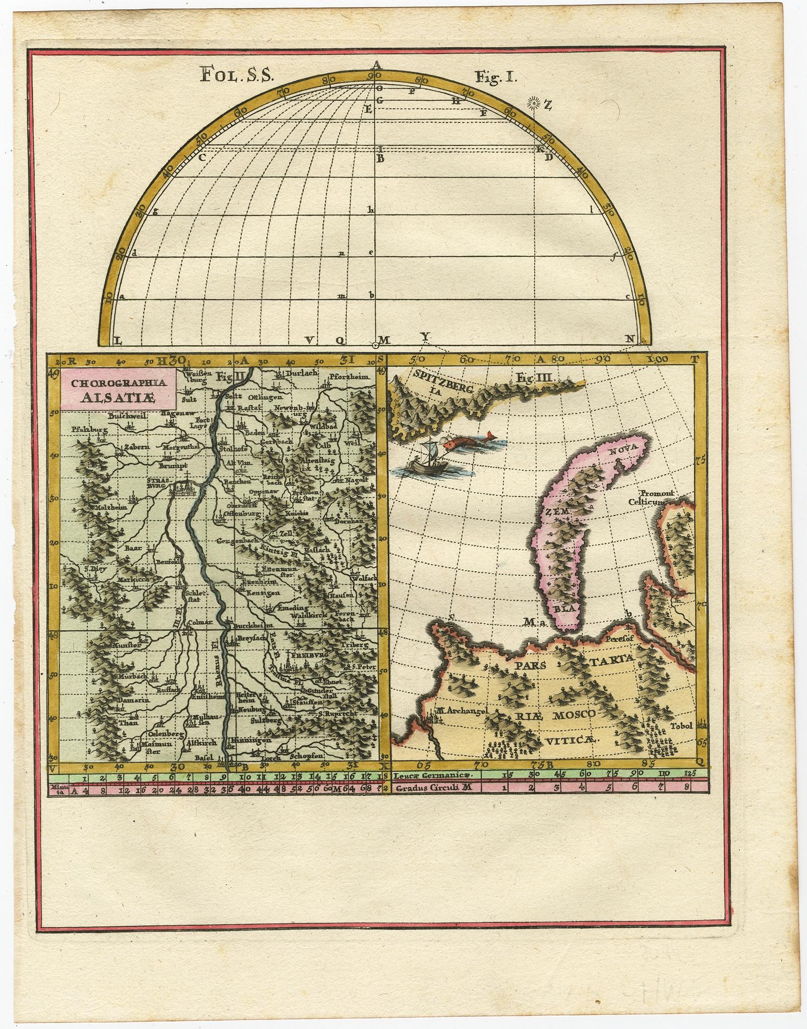 Antique map titled 'Chorographia Alsatiae.' 

Map of the Alsace region and Nova Zembla, printed for Scherer's 'Atlas Novus' (1702-1710). Scherer's 'Atlas Novus' forms an important milestone in the development of scientific and thematic