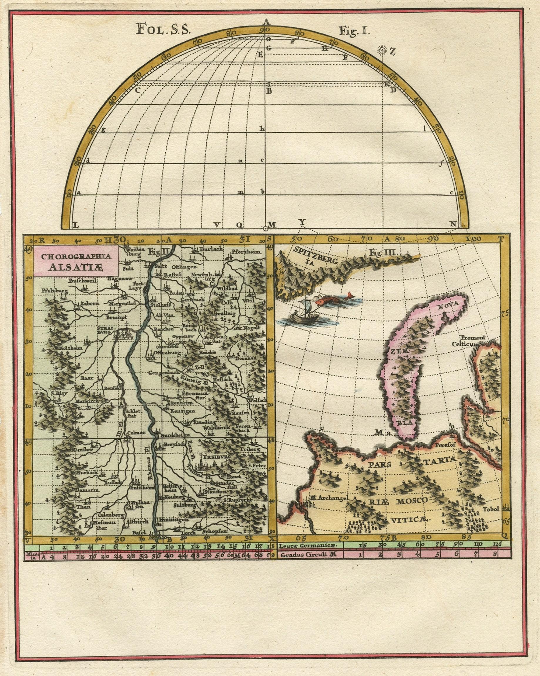 Carte remarquable de la région de l' Alsace et de la Nova Zembla, Russie, vers 700 Bon état - En vente à Langweer, NL