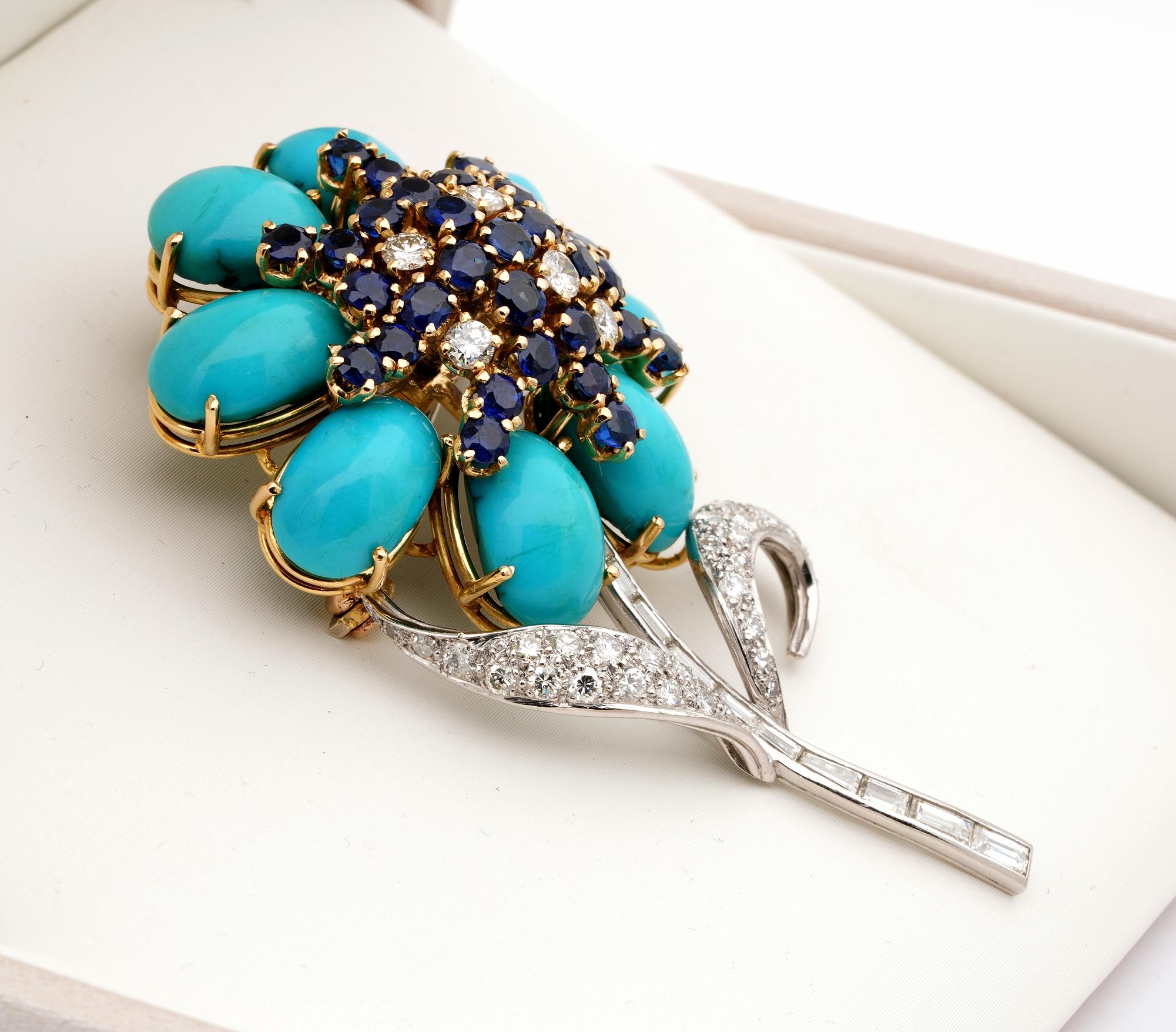 Contemporary Remarkable Midcentury Persian Turquoise Diamond Sapphire Flower Brooch For Sale