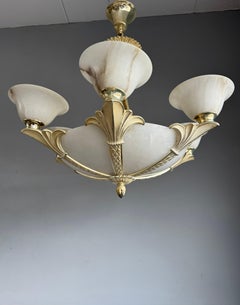 Remarkable Mid-Century Sculptured Silvered Bronze and Alabaster Chandelier, 1970