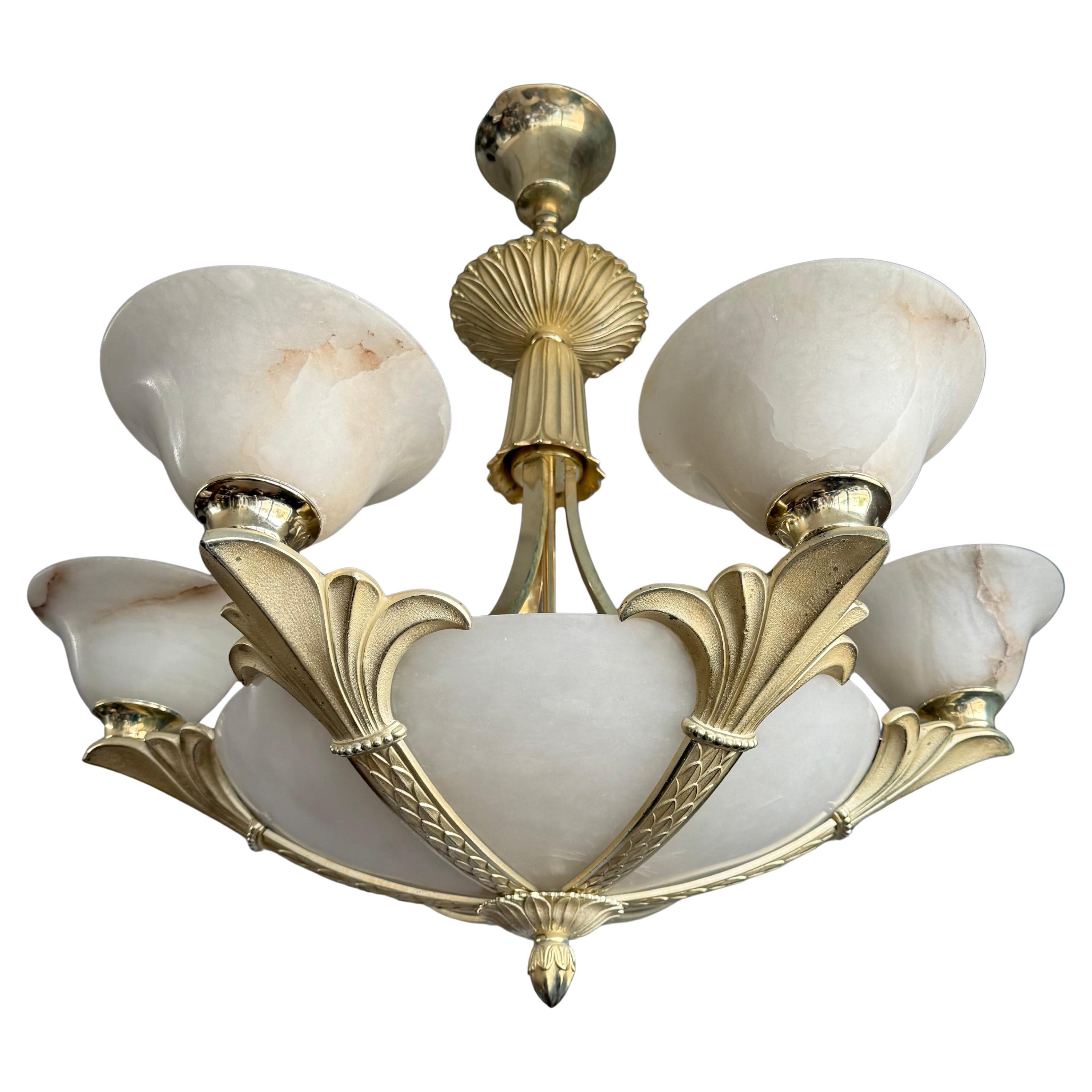 Remarkable Mid-Century Sculptured Silvered Bronze and Alabaster Chandelier, 1970