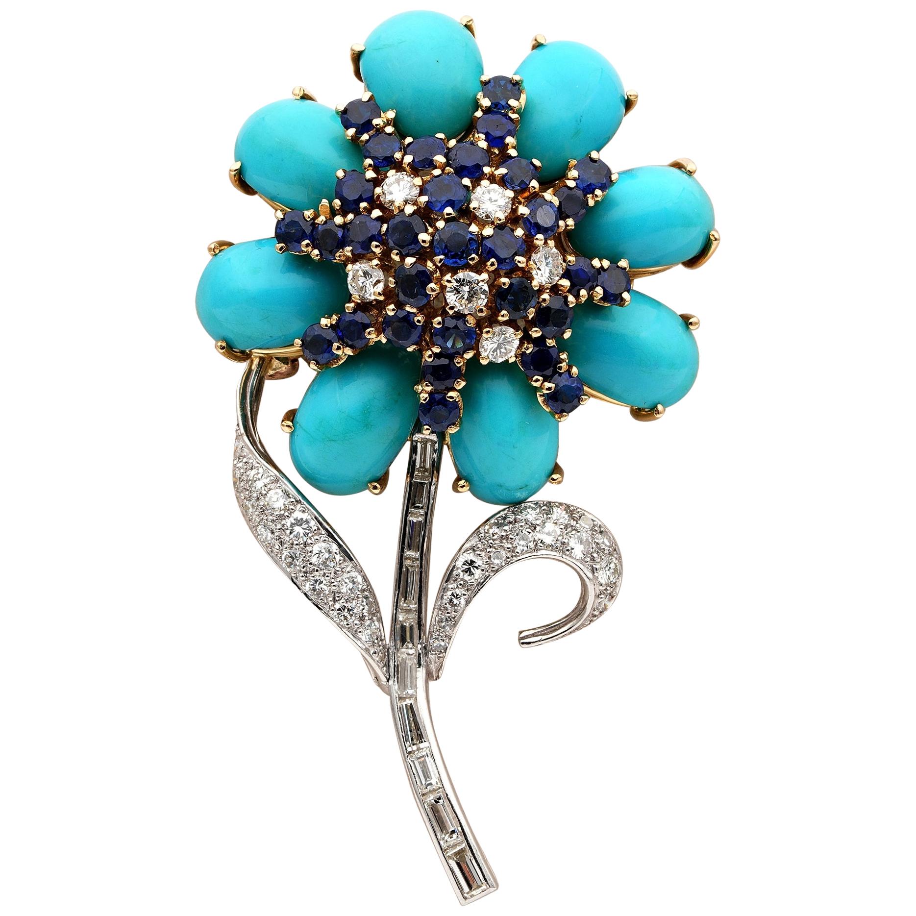 Remarkable Midcentury Persian Turquoise Diamond Sapphire Flower Brooch For Sale