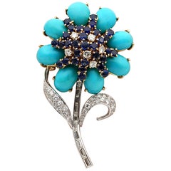 Vintage Remarkable Midcentury Persian Turquoise Diamond Sapphire Flower Brooch