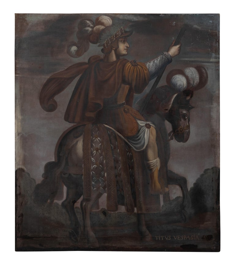 Two, large, stunningly painted, left and right, oil-on canvas, Italian paintings of the Emperor's Vespasian and Julius Caesar, with their names inscribed on the lower left hand corners of each. Each figure mounted on horseback in full parade