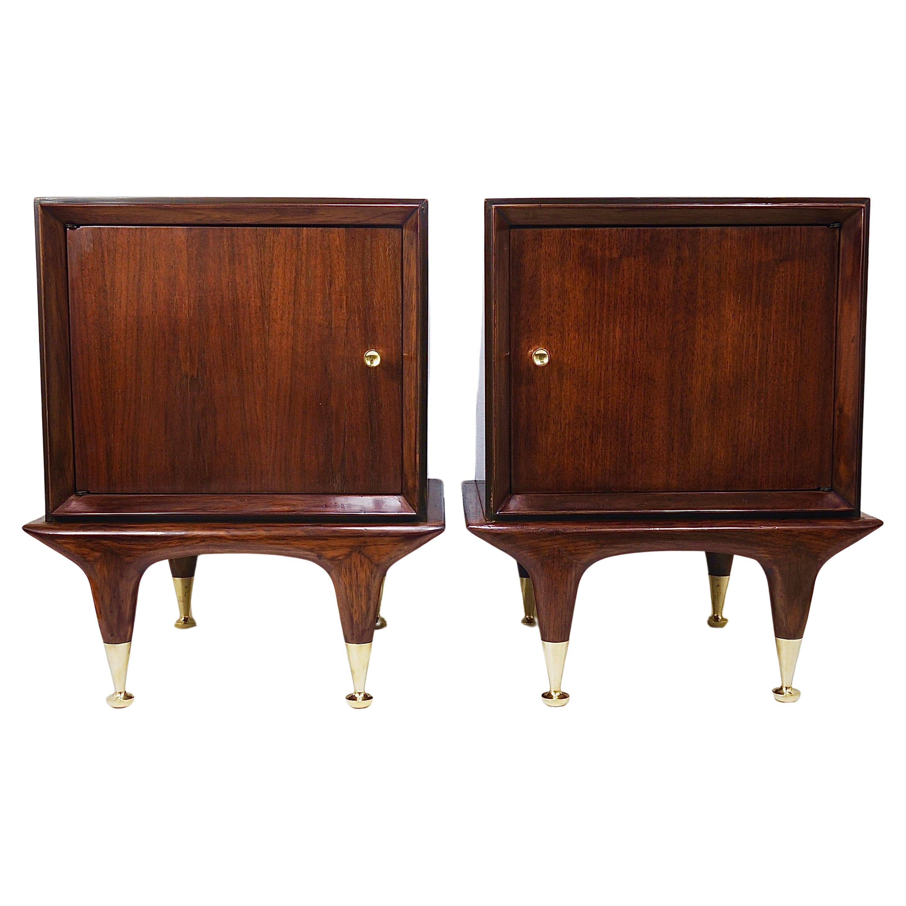Remarkable Pair of Italian Midcentury Walnut and Brass Nightstands from 1950