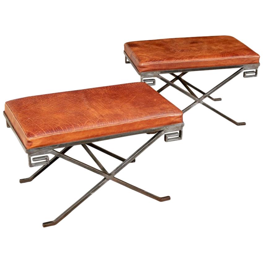 Remarkable Pair of Midcentury Steel and Leather X-Benches