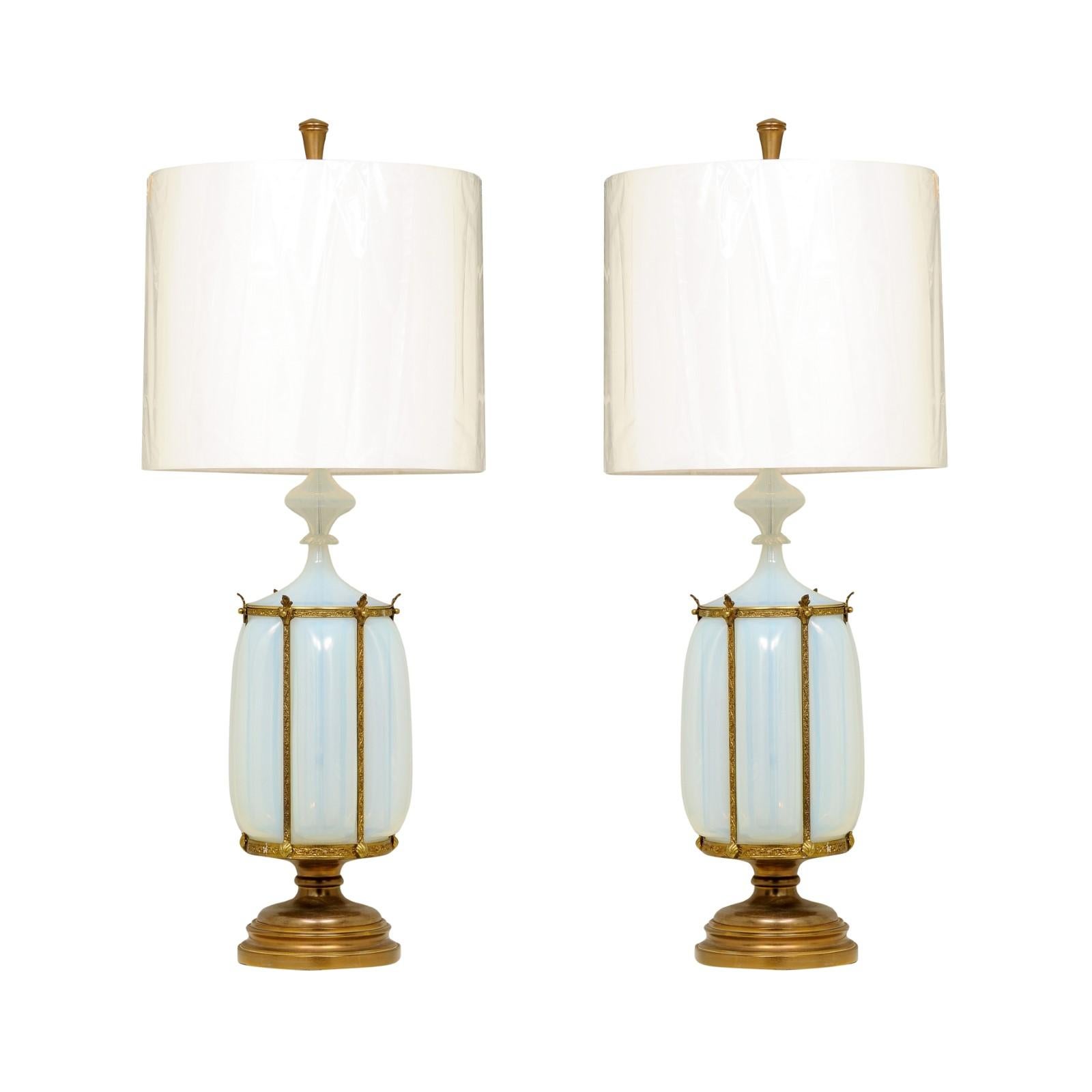 These magnificent lamps are shipped as professionally photographed and described in the narrative. They have been professionally restored using materials of the finest quality and are shipped complete with the new shades, harps and finials shown in