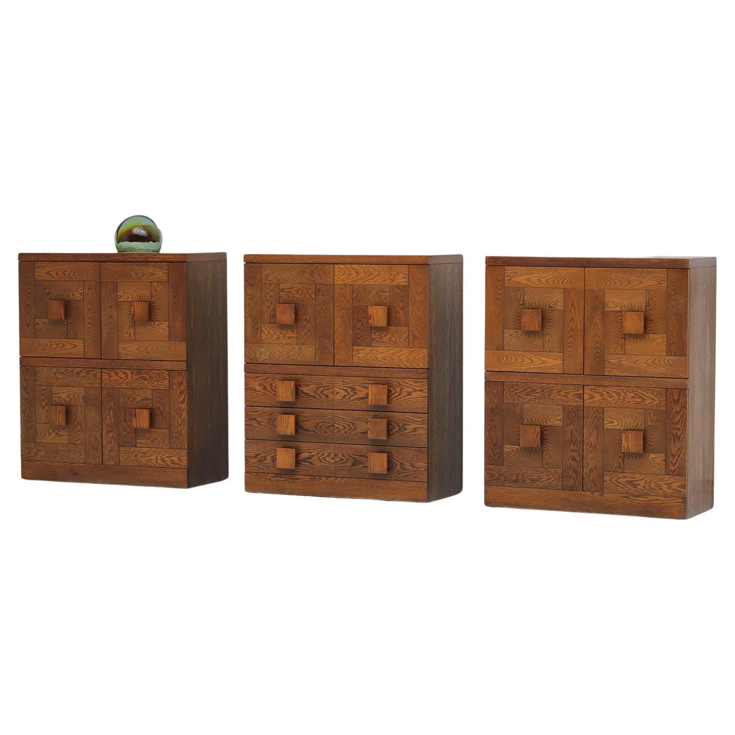 Remarkable set of cabinets, designed and produced by Defour Belgium in the 1970s For Sale
