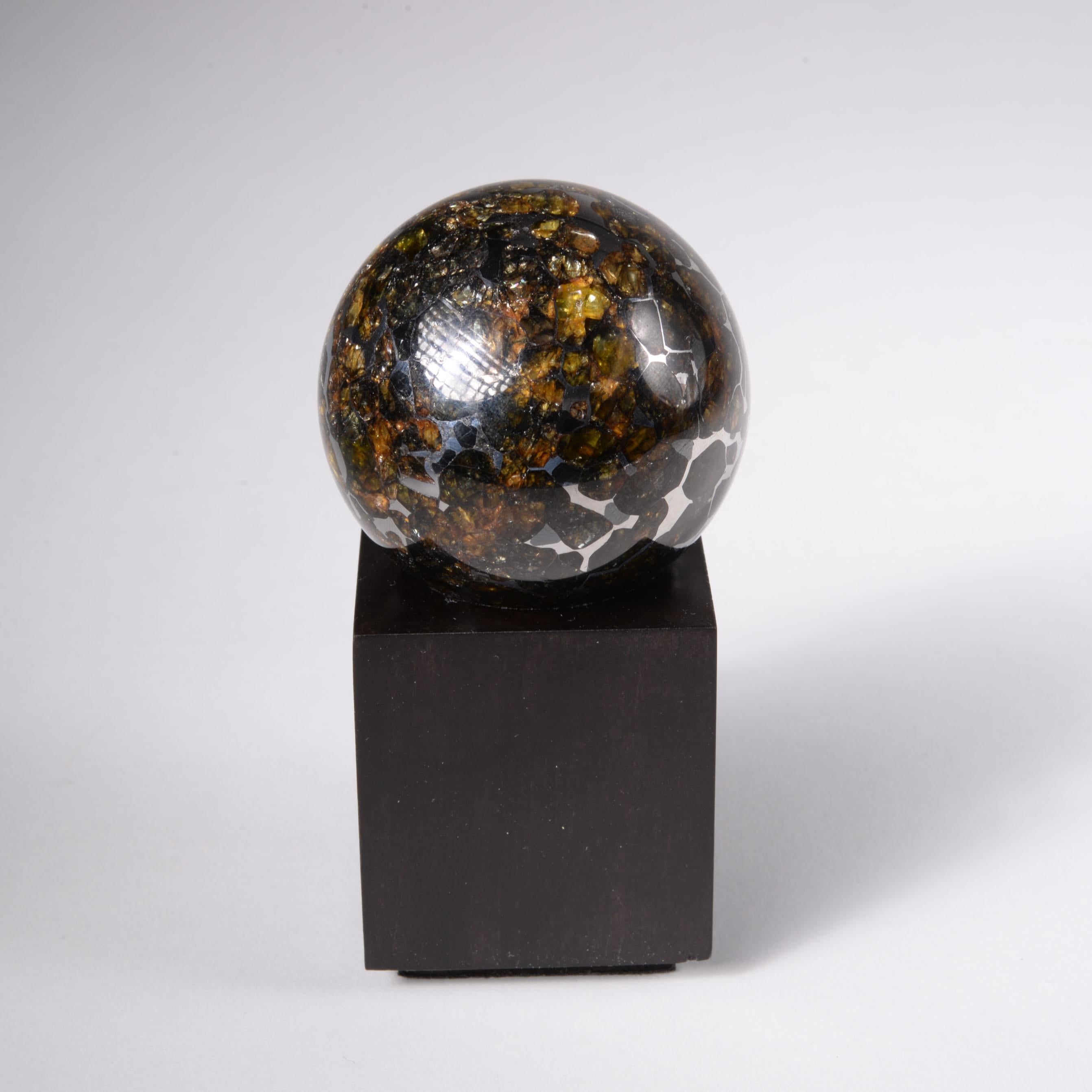 Sphère Seymchan
Pallasite
291 g 

Représentant moins de 0,2 % de l'ensemble des météorites, les pallasites, constituées d'une matrice de fer et de nickel entrelacée d'olivine de couleur ambre, sont les météorites les plus éblouissantes de