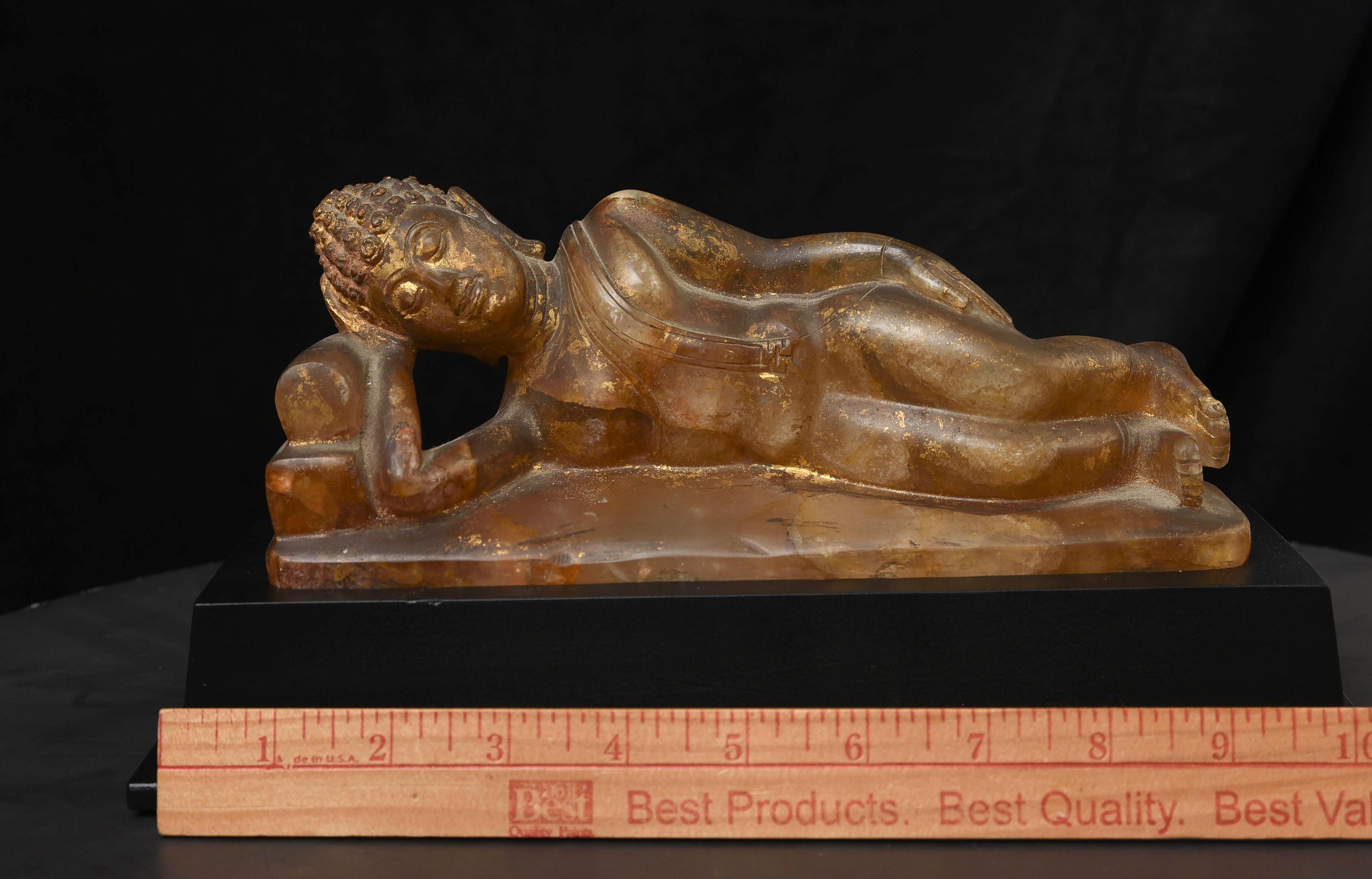 Hand-Carved Thai Sukhothai Buddha -Early 20C -possibly earlier reclining Crystal Orig. Gild For Sale