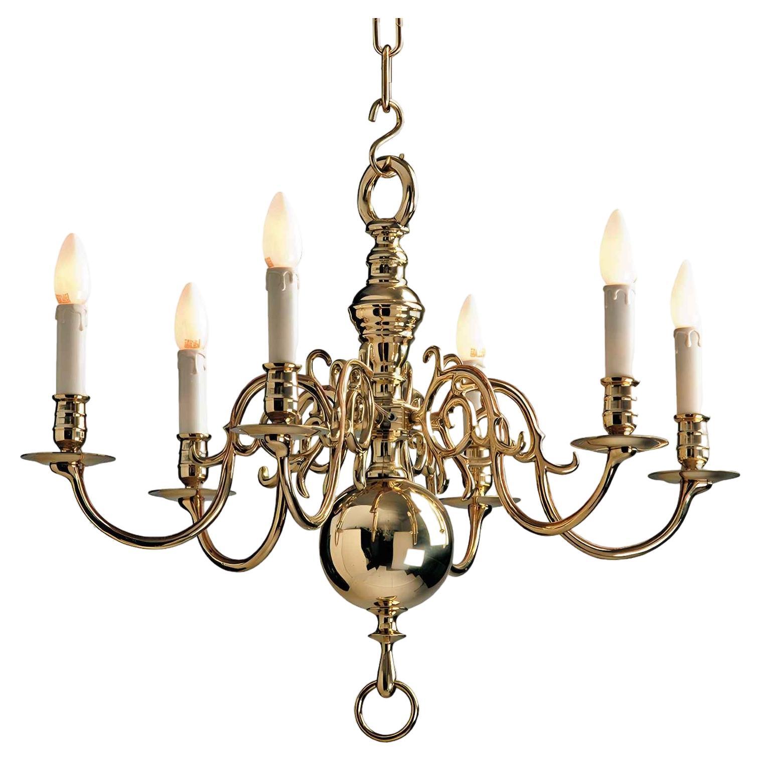 1 Tier 17th Century Electric Model Dutch Brass Chandelier with 6 Lights H60xW62 For Sale