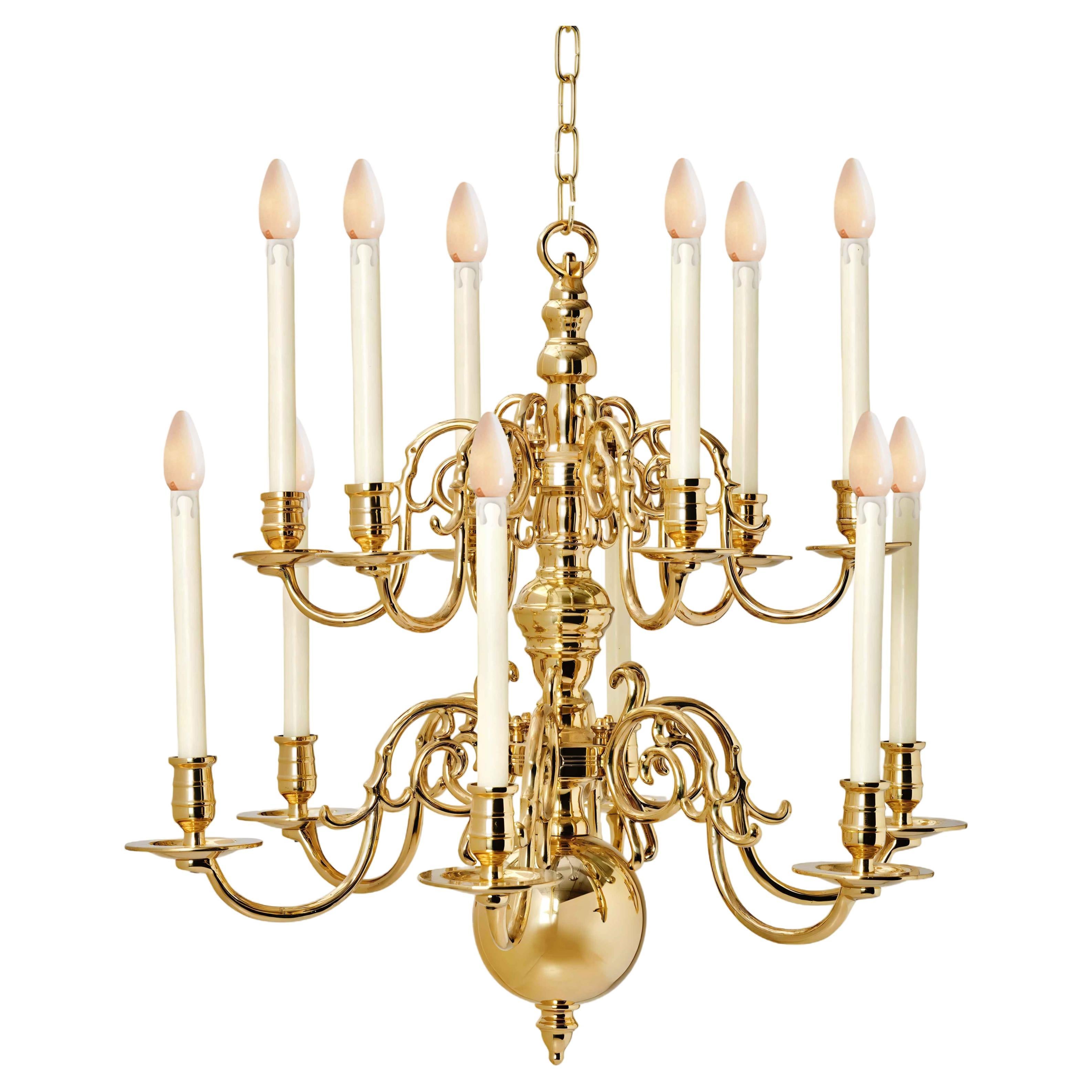 2 Tier 17th Century Electric Model Dutch Brass Chandelier with 12 Lights H70xW62 For Sale
