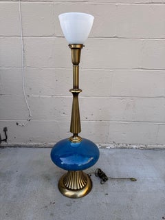 Rembrandt Lamp Co. Cerulean Blue Ceramic & Brass Table Lamp, Milk Glass, 1950s
