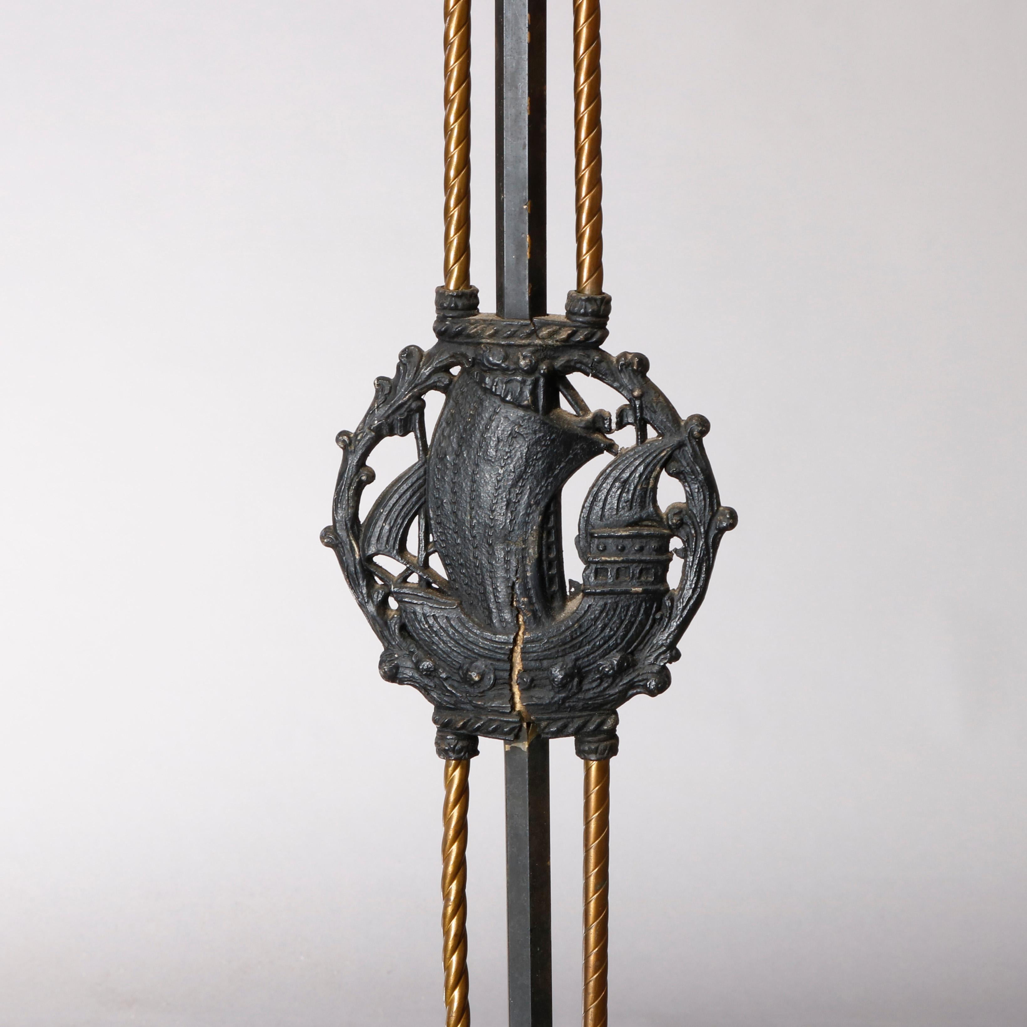 Rembrandt School Maritime Figural Ebonized and Gilt Wrought Iron Floor Lamp In Good Condition In Big Flats, NY