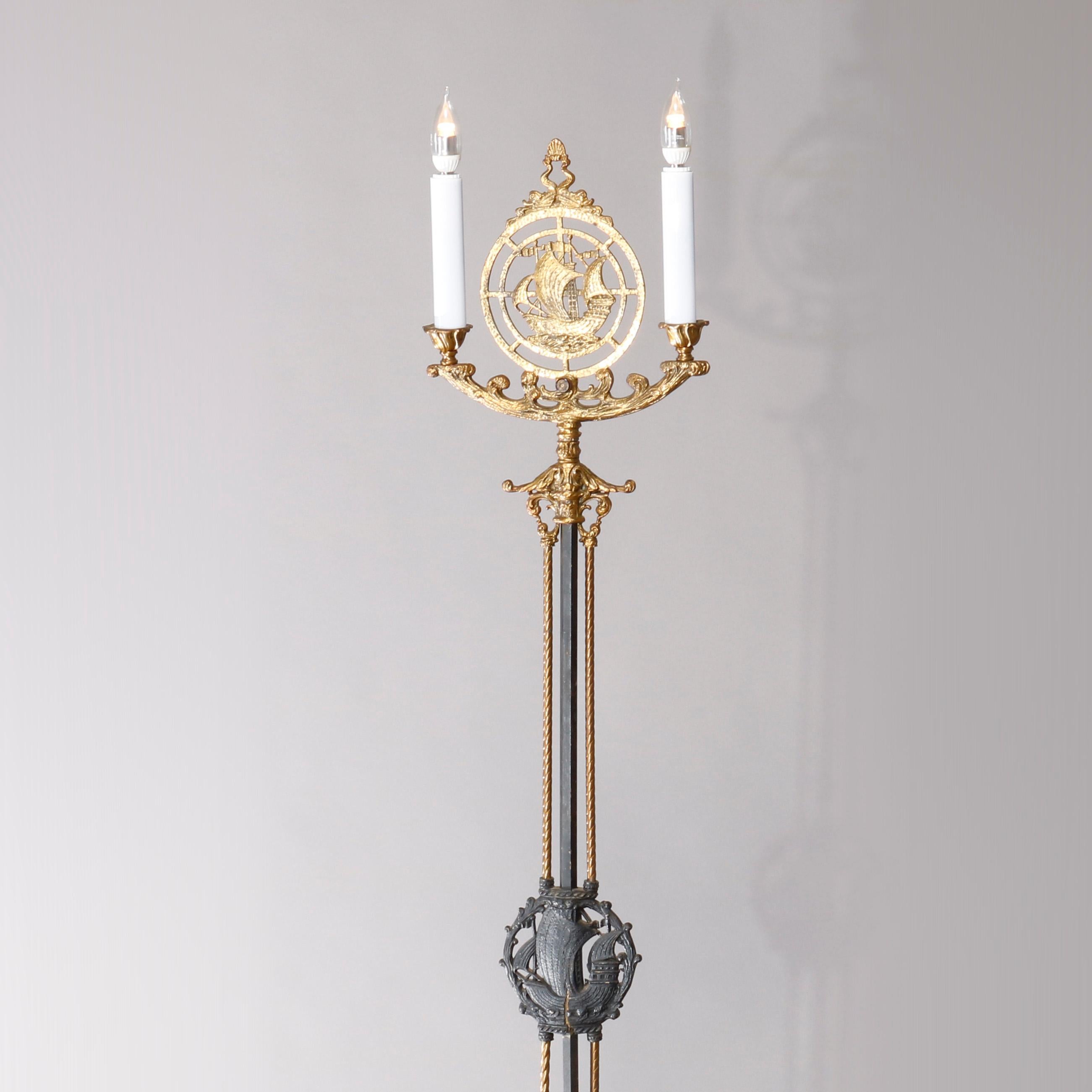 20th Century Rembrandt School Maritime Figural Ebonized and Gilt Wrought Iron Floor Lamp